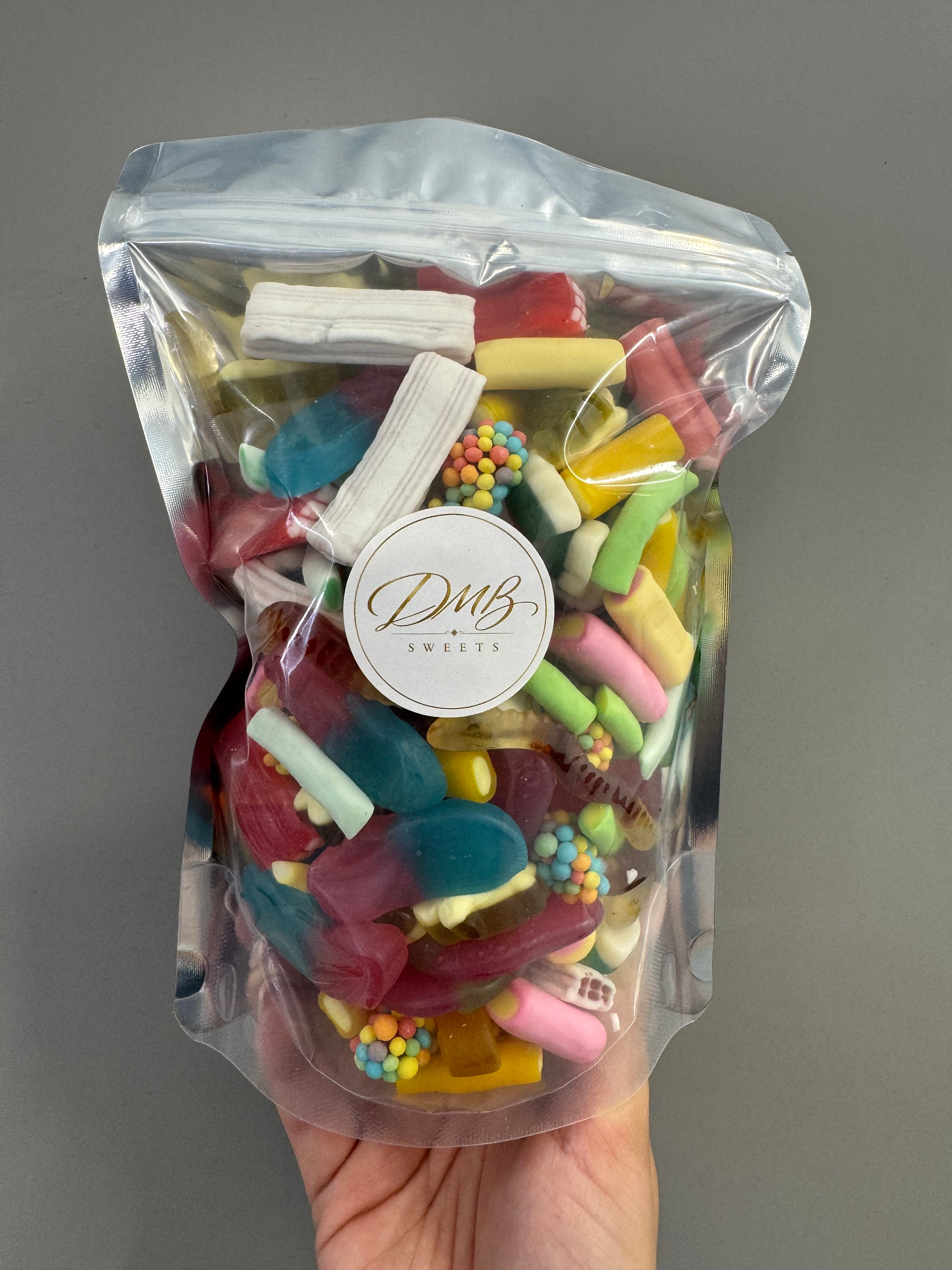 DMB Sweets Pick N Mix Gummy Bag 500g in a clear resealable bag packed with a colourful assortment of gummy sweets