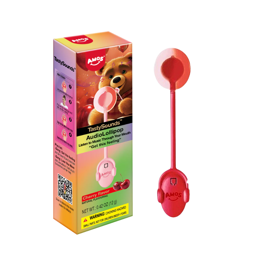 Amos Tasty Sounds Pop Cherry Get the Feeling Audio Lollipop 12g