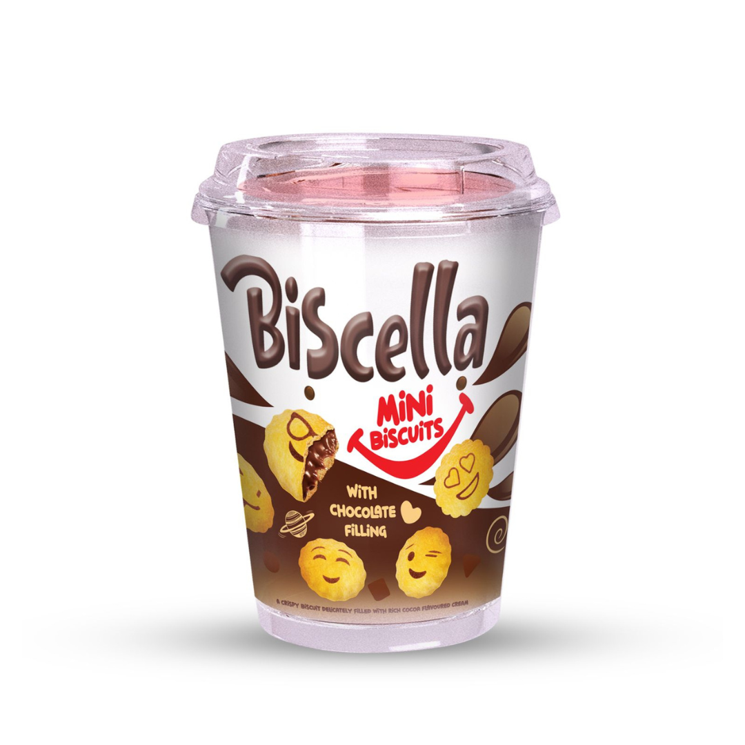Biscella Mini Biscuits with Chocolate Filling 125g in a clear cup with pink lid