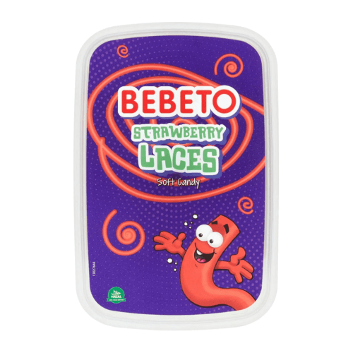 Bebeto Strawberry Laces Soft Candy 500g in a purple tub