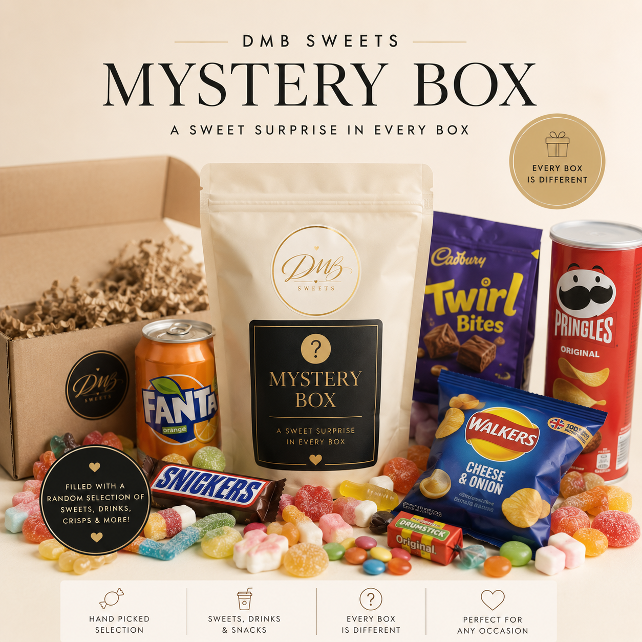 DMB Sweets Mystery Box filled with sweets, drinks and crisps