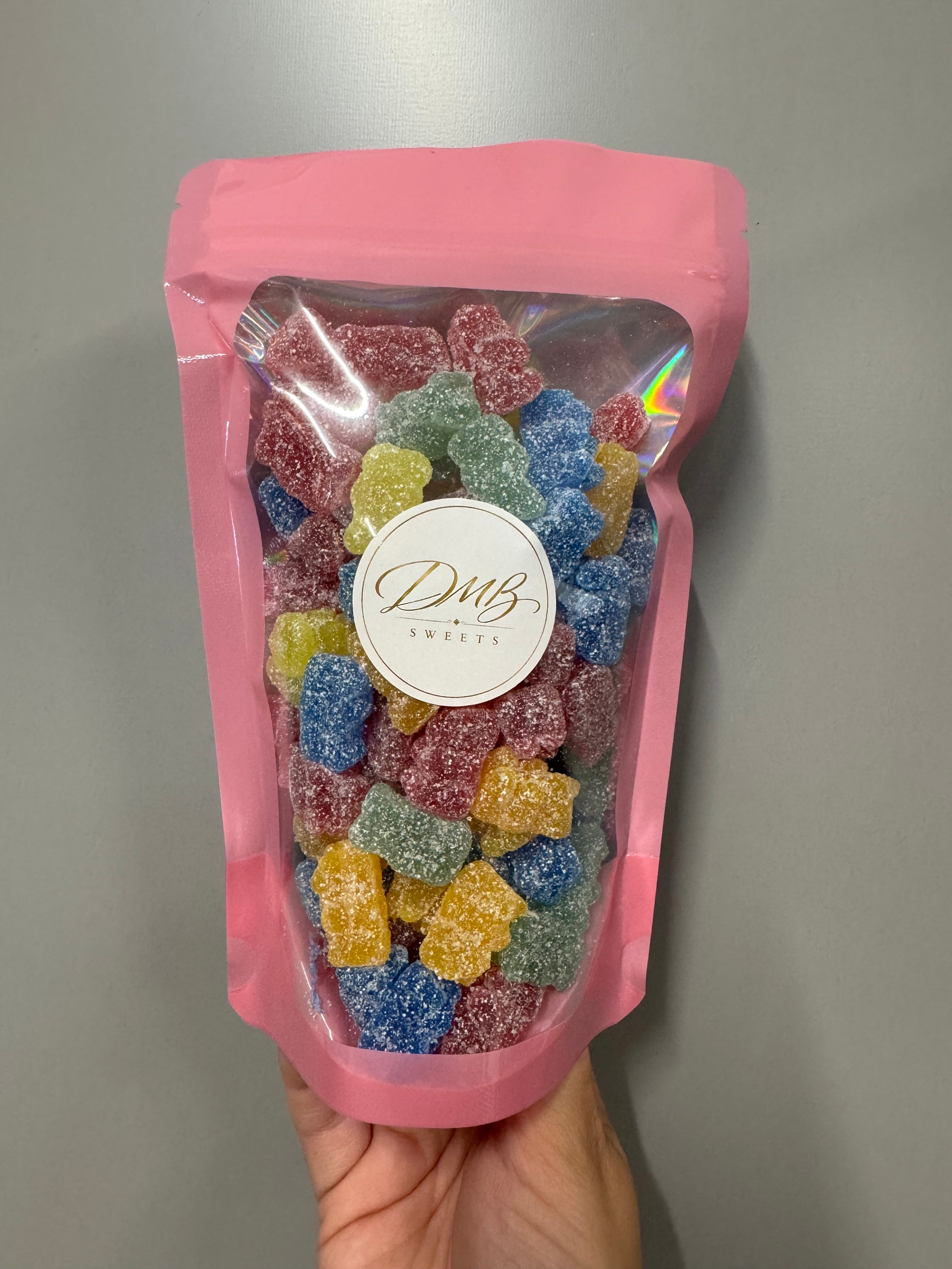 Fizzy Rainbow Bears 300g in a pink DMB Sweets branded bag