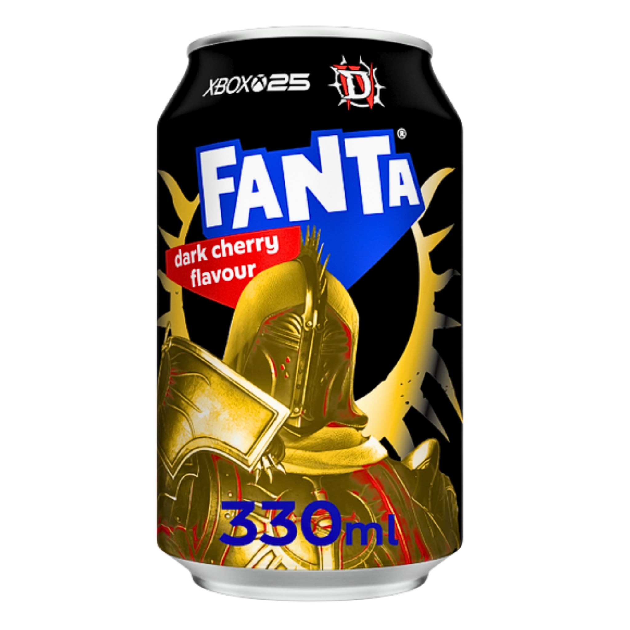 Fanta Dark Cherry Flavour Limited Edition Xbox 25 x Dungeons & Dragons 330ml can in black and gold design