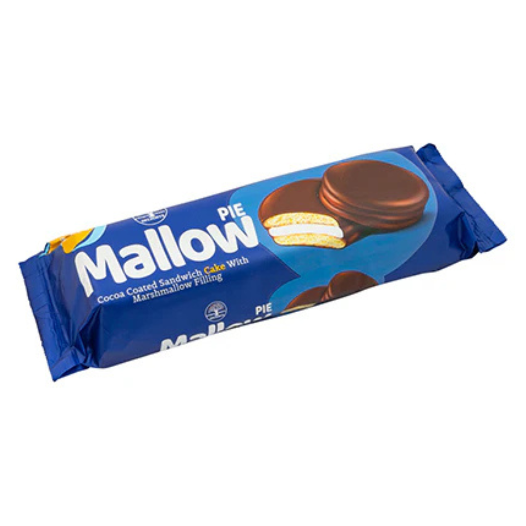 Mallow Pie cocoa coated sandwich cake with marshmallow filling 184g in blue packaging