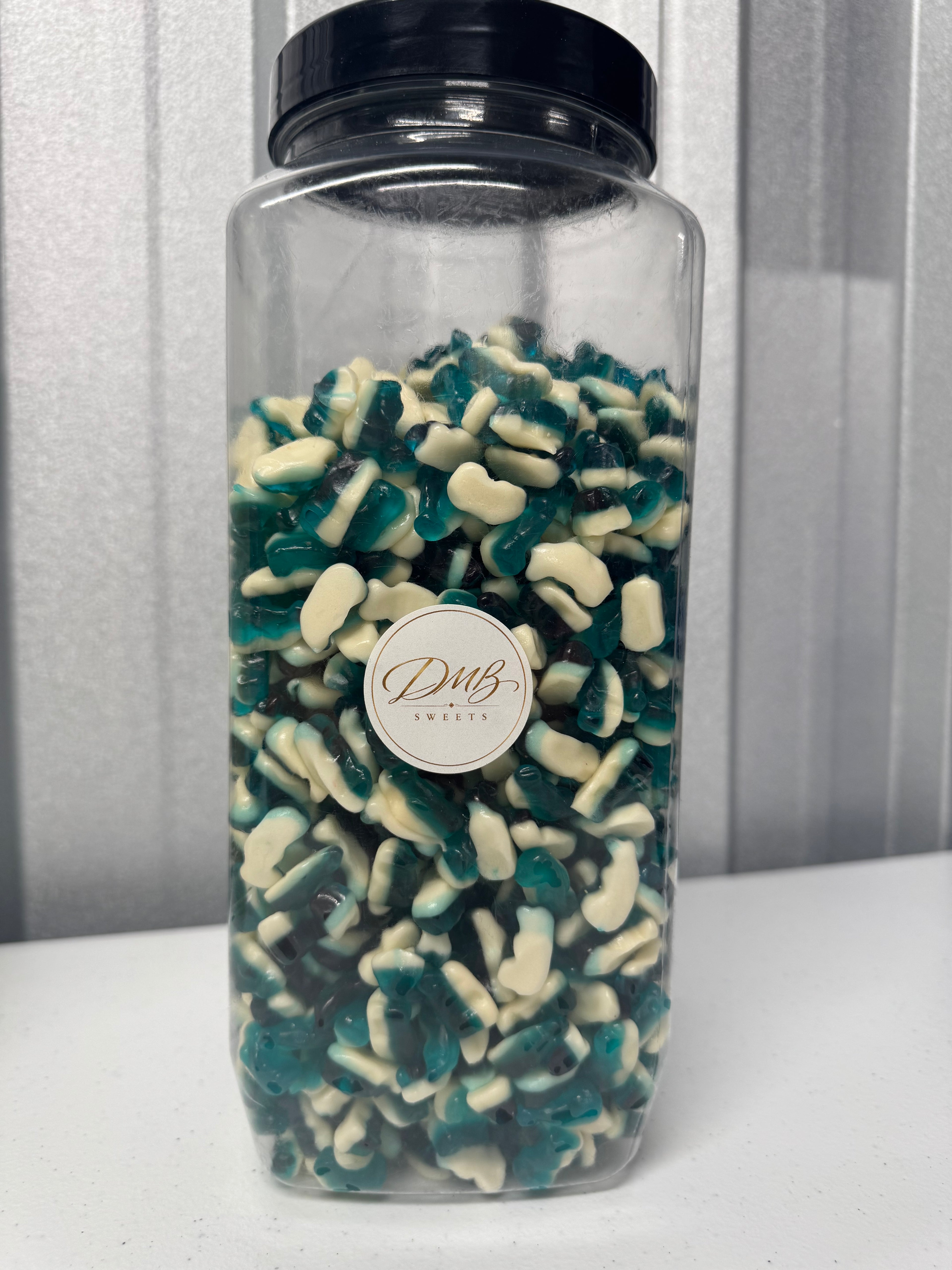 Mini Blue Raspberry Dolphins gummy sweets in a DMB Sweets jar