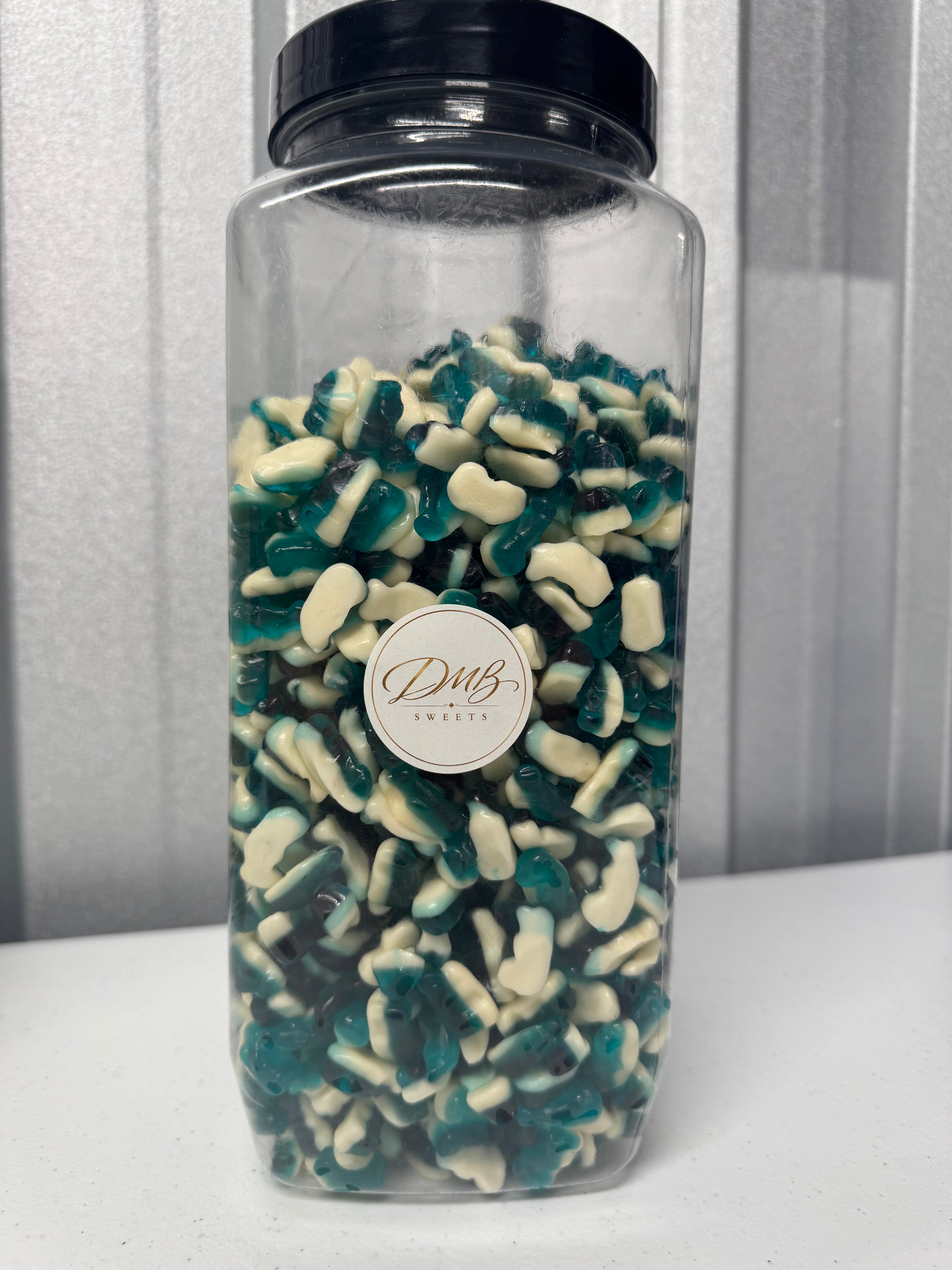 Mini Blue Raspberry Dolphins gummy sweets in a DMB Sweets jar