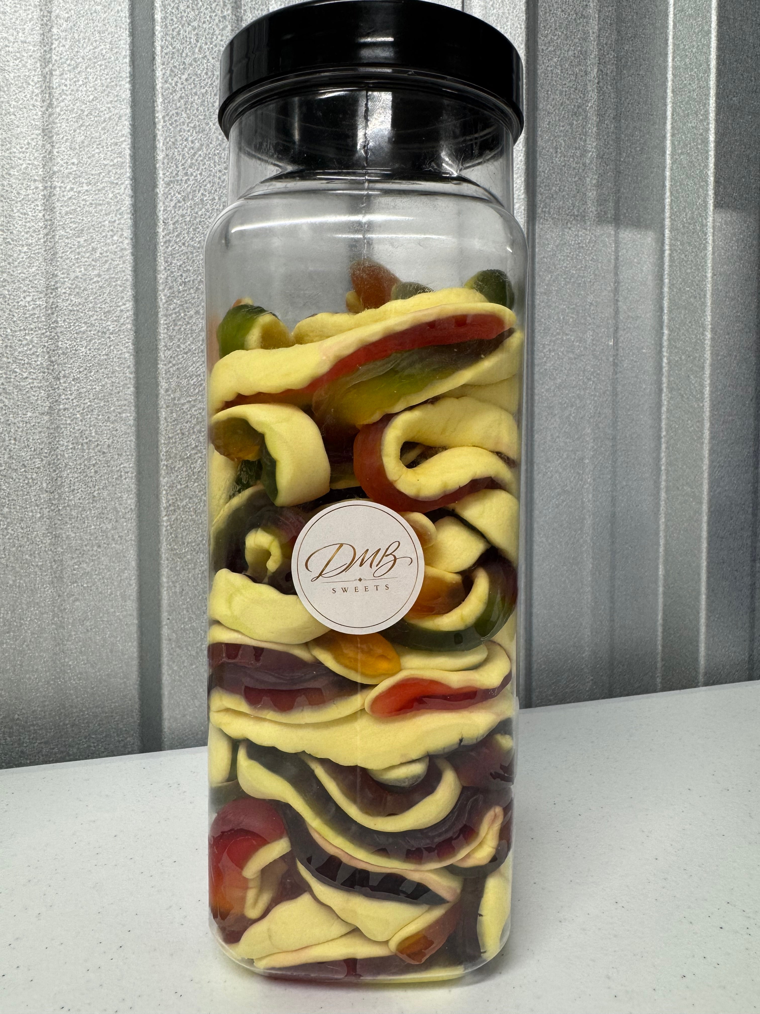 Haribo Yellow Bellies foam and jelly snakes in a DMB Sweets jar