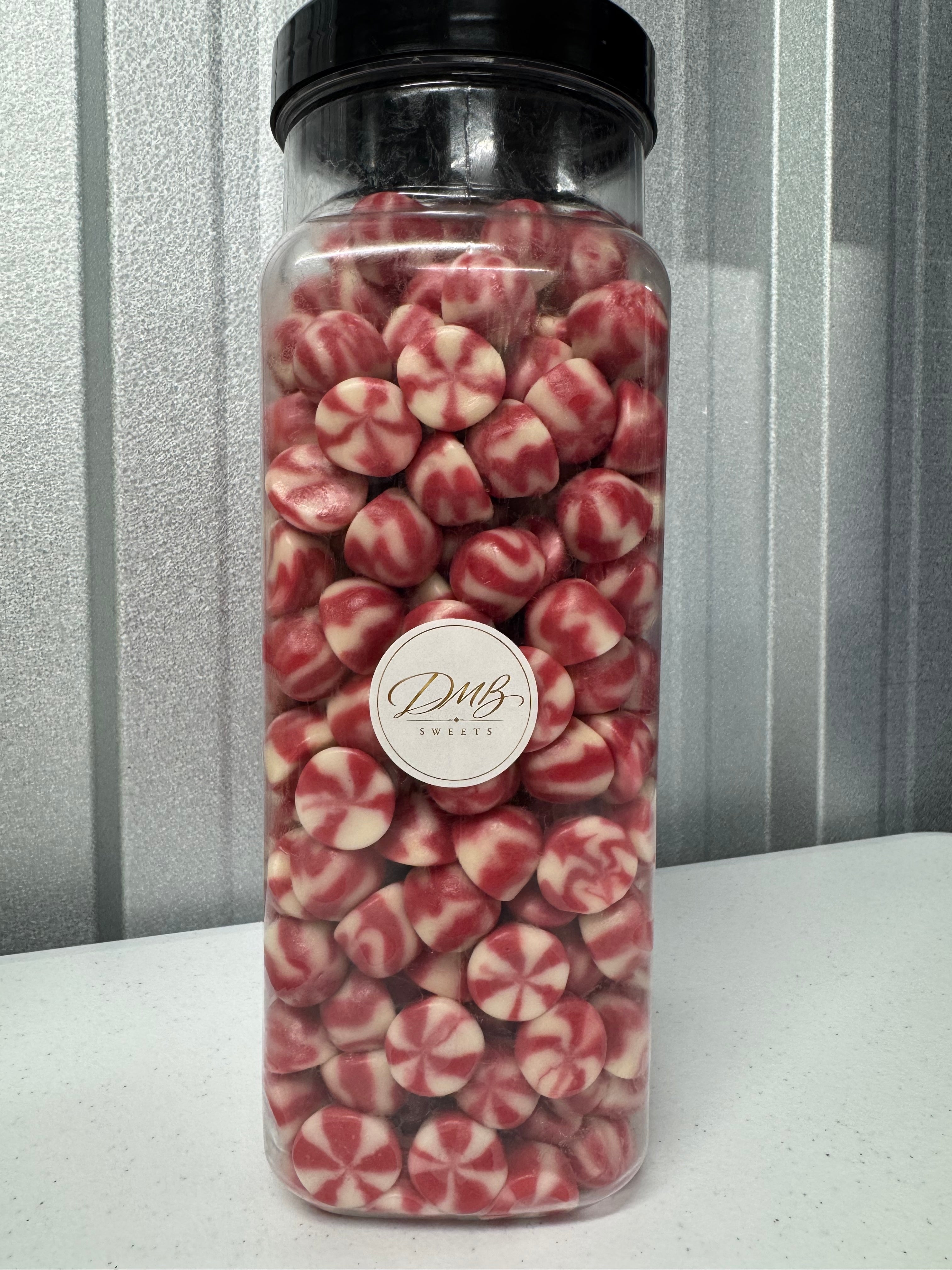 Strawberry Kisses hard boiled sweets in a DMB Sweets jar