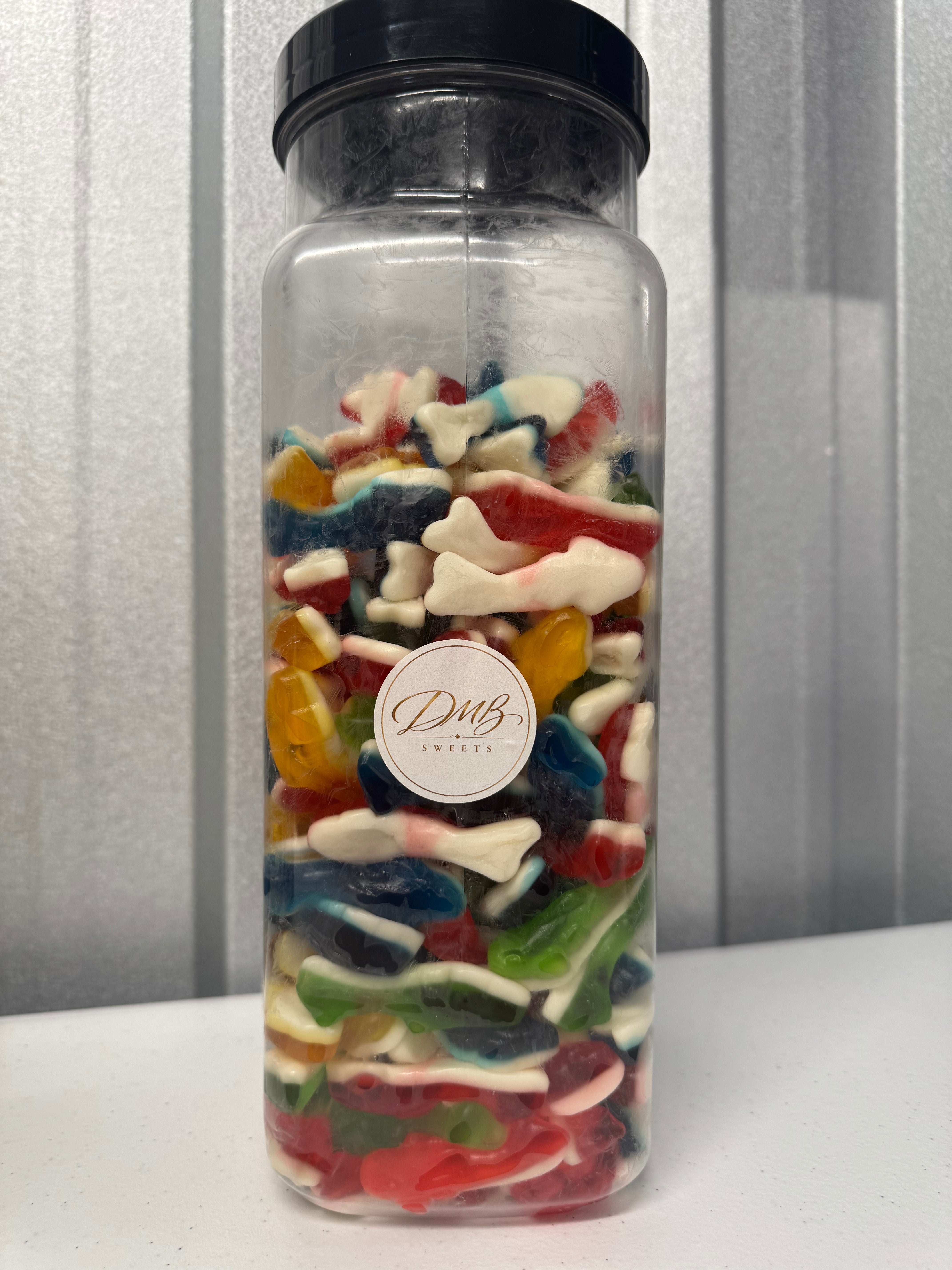 Multicolour Dolphins foam and jelly sweets in a DMB Sweets jar