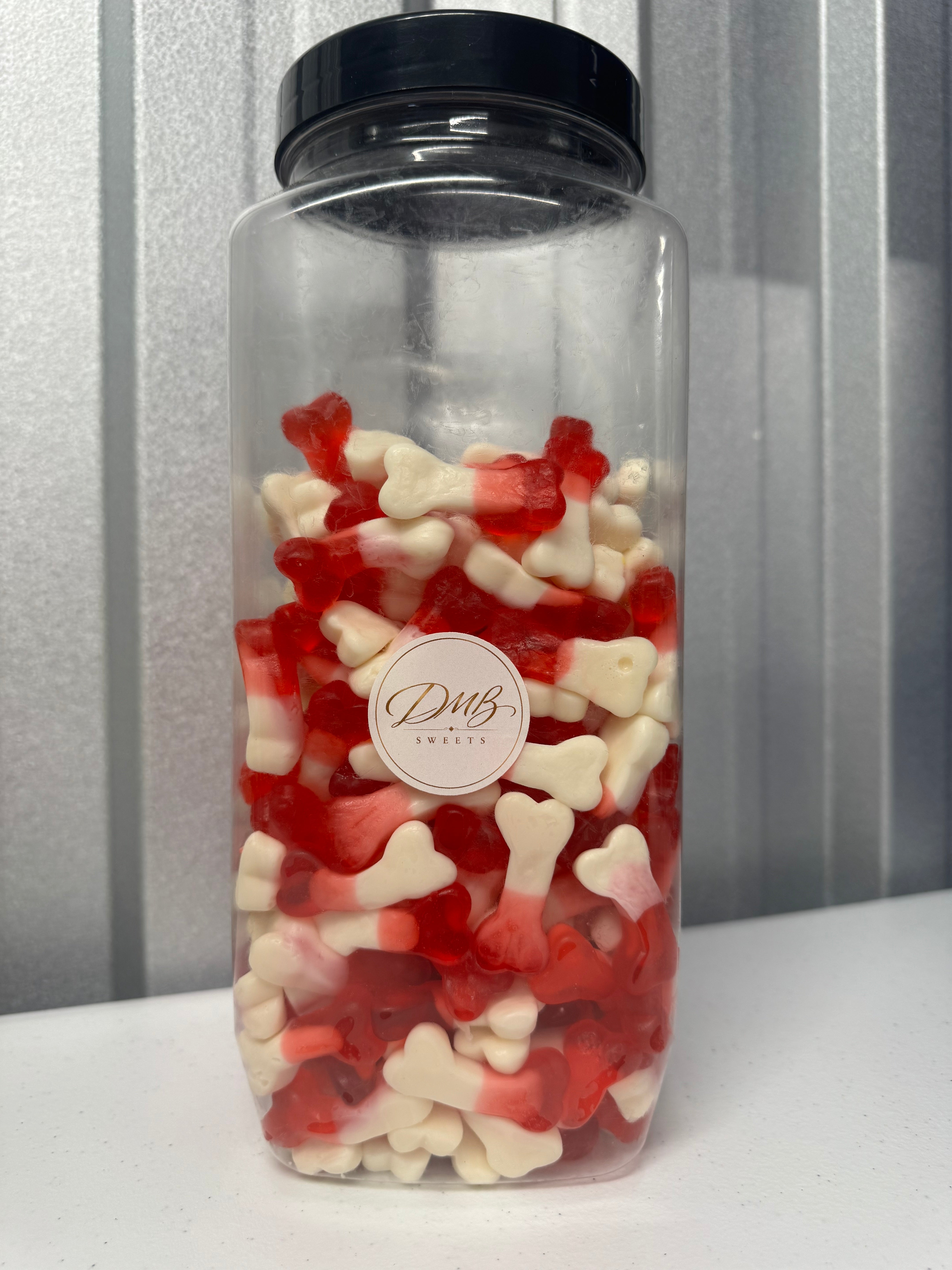 Gummy Bones red and white sweets in a DMB Sweets jar