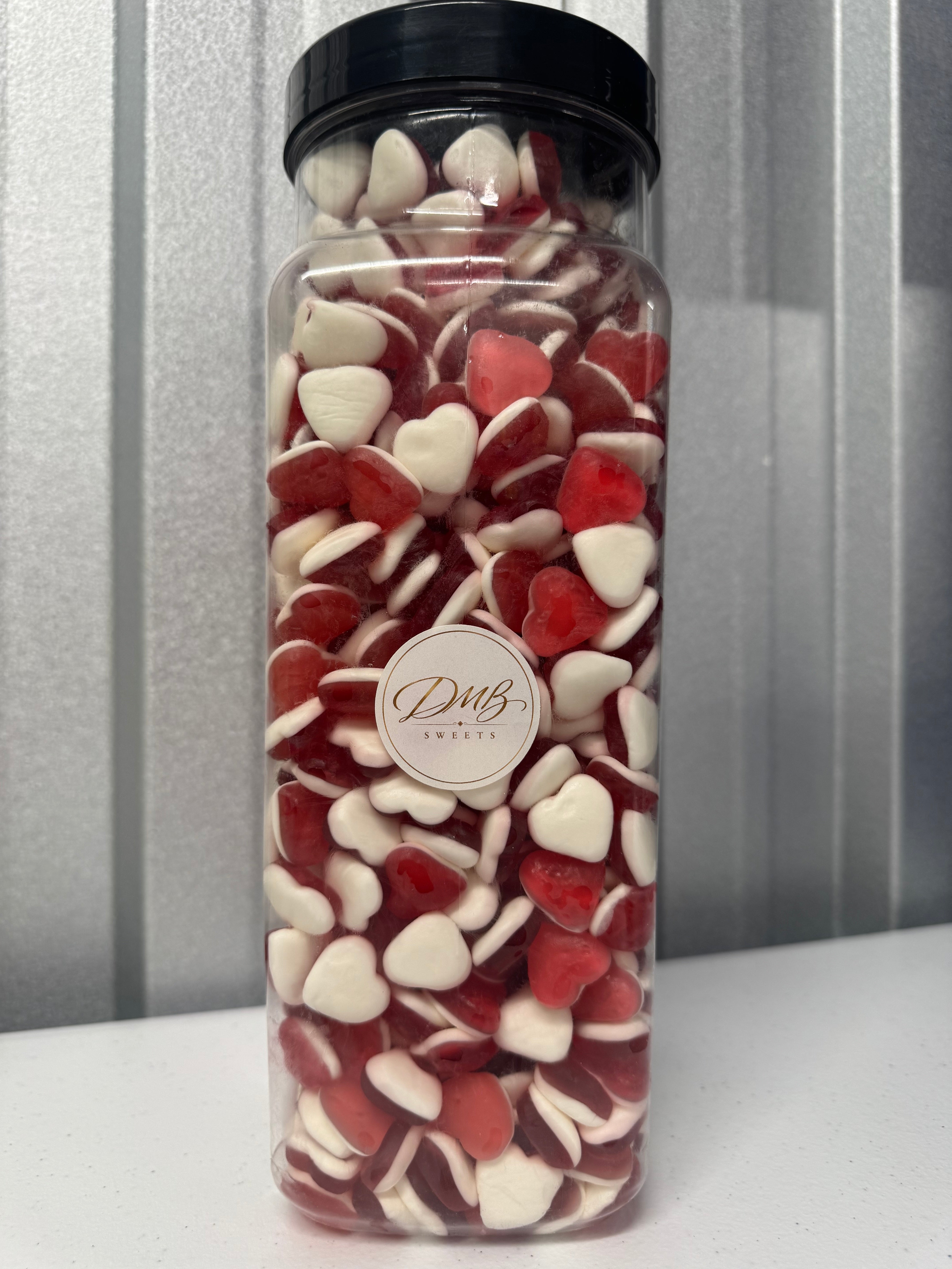 Haribo Hearts red and white gummy sweets in a DMB Sweets jar