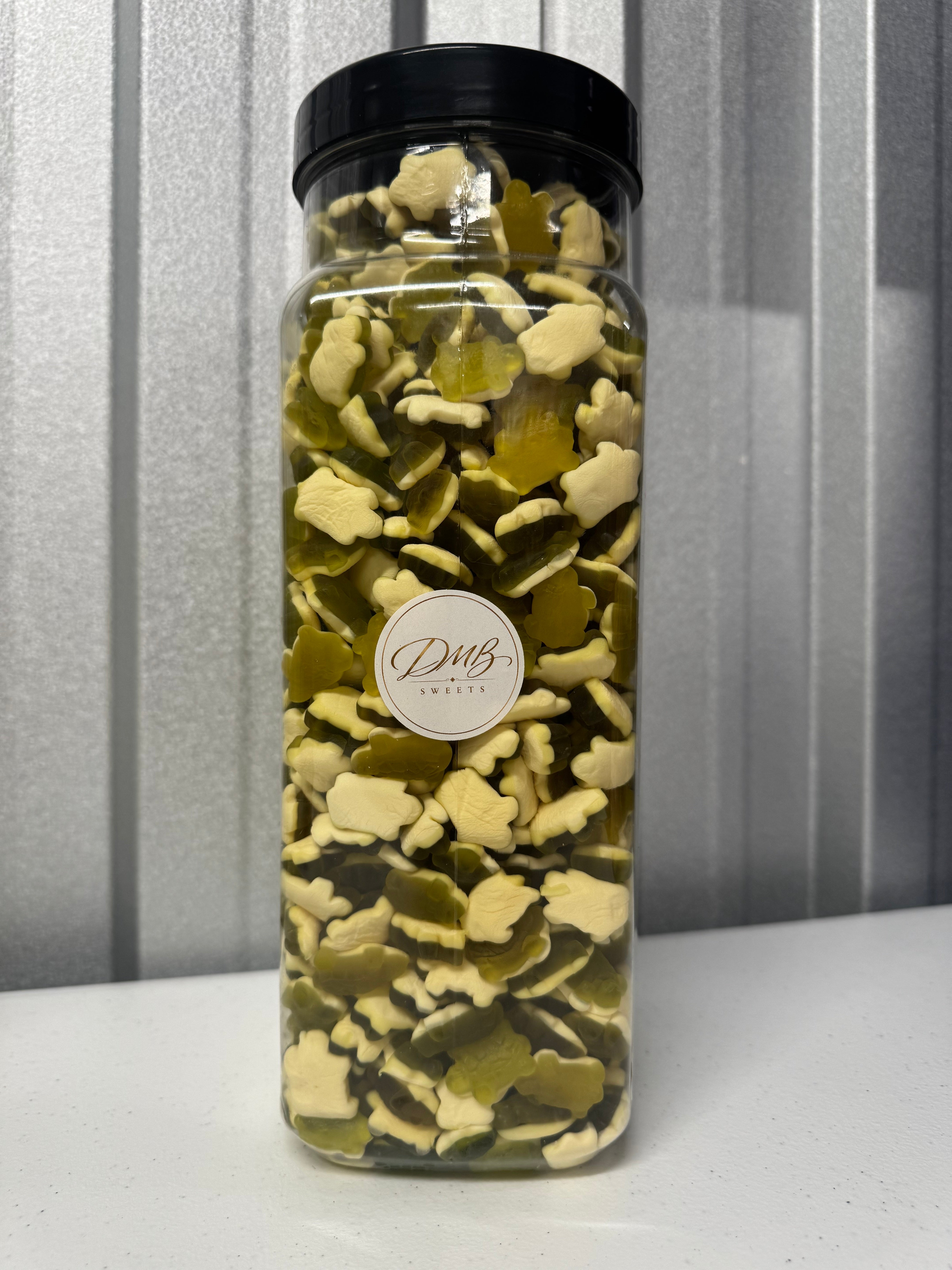 Haribo Terrific Turtles green and cream gummy sweets in a DMB Sweets jar