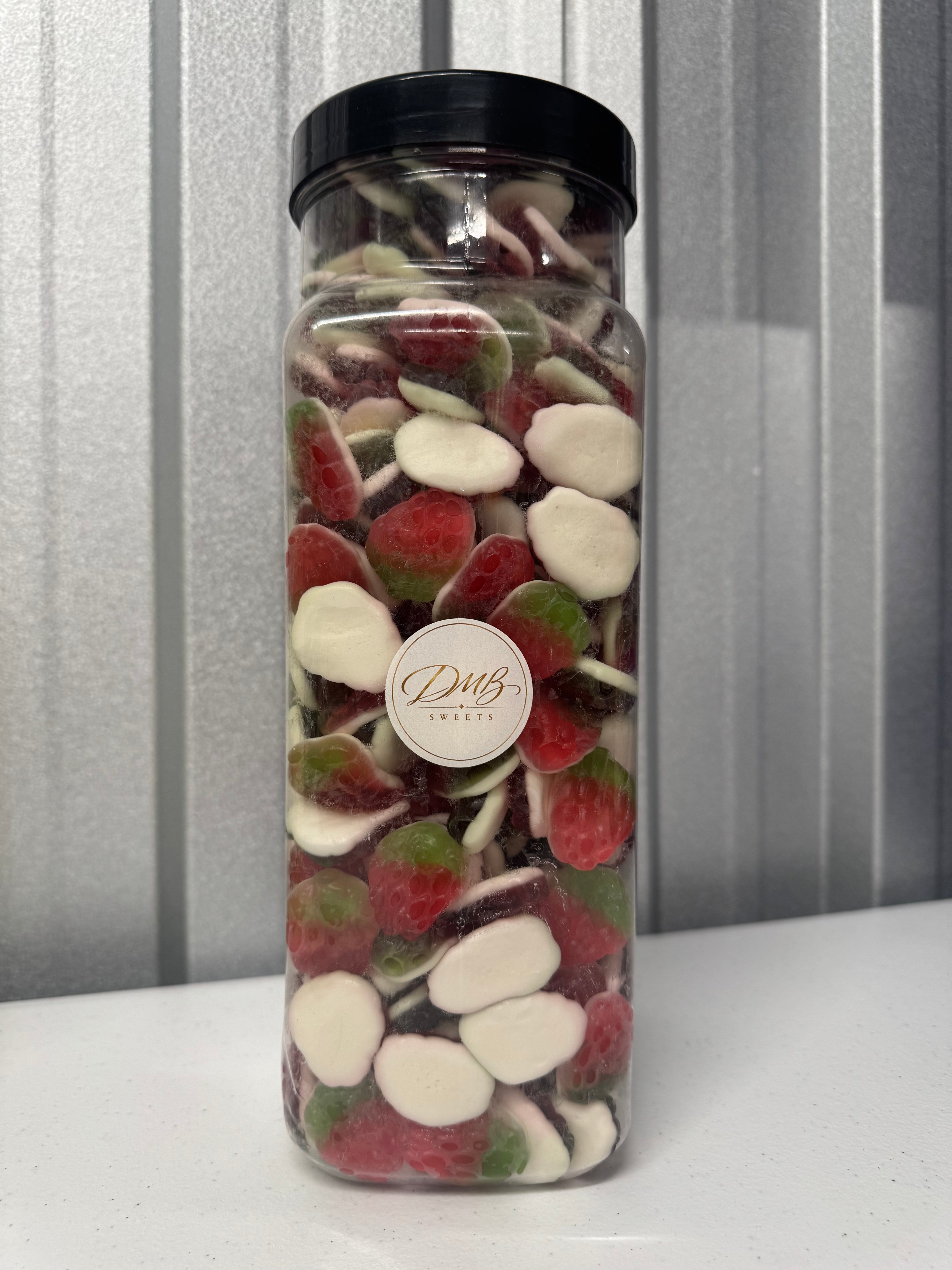 Strawberries & Cream jelly sweets in a DMB Sweets jar