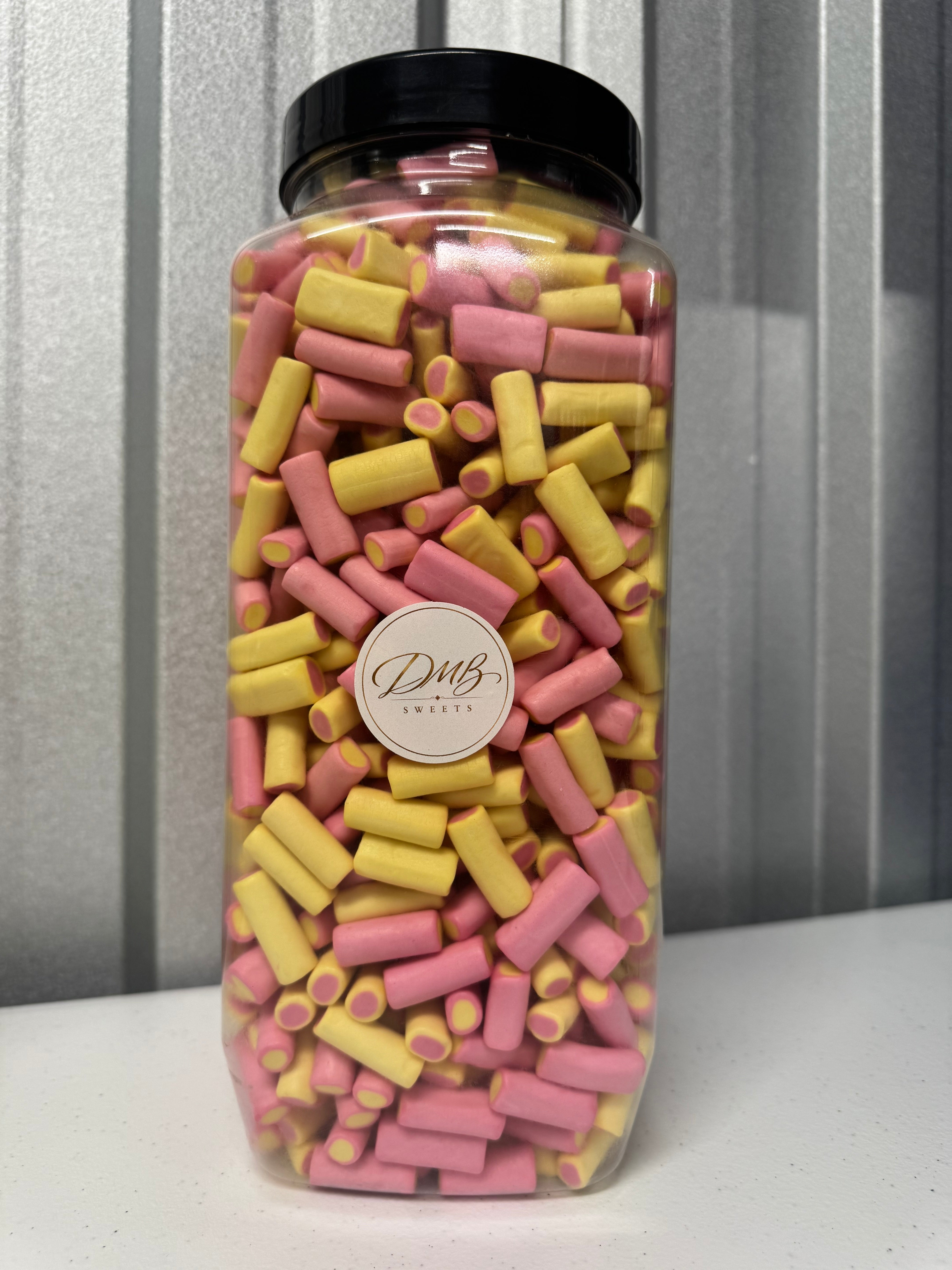 Haribo Rhubarb & Custard pink and yellow sweets in a DMB Sweets jar