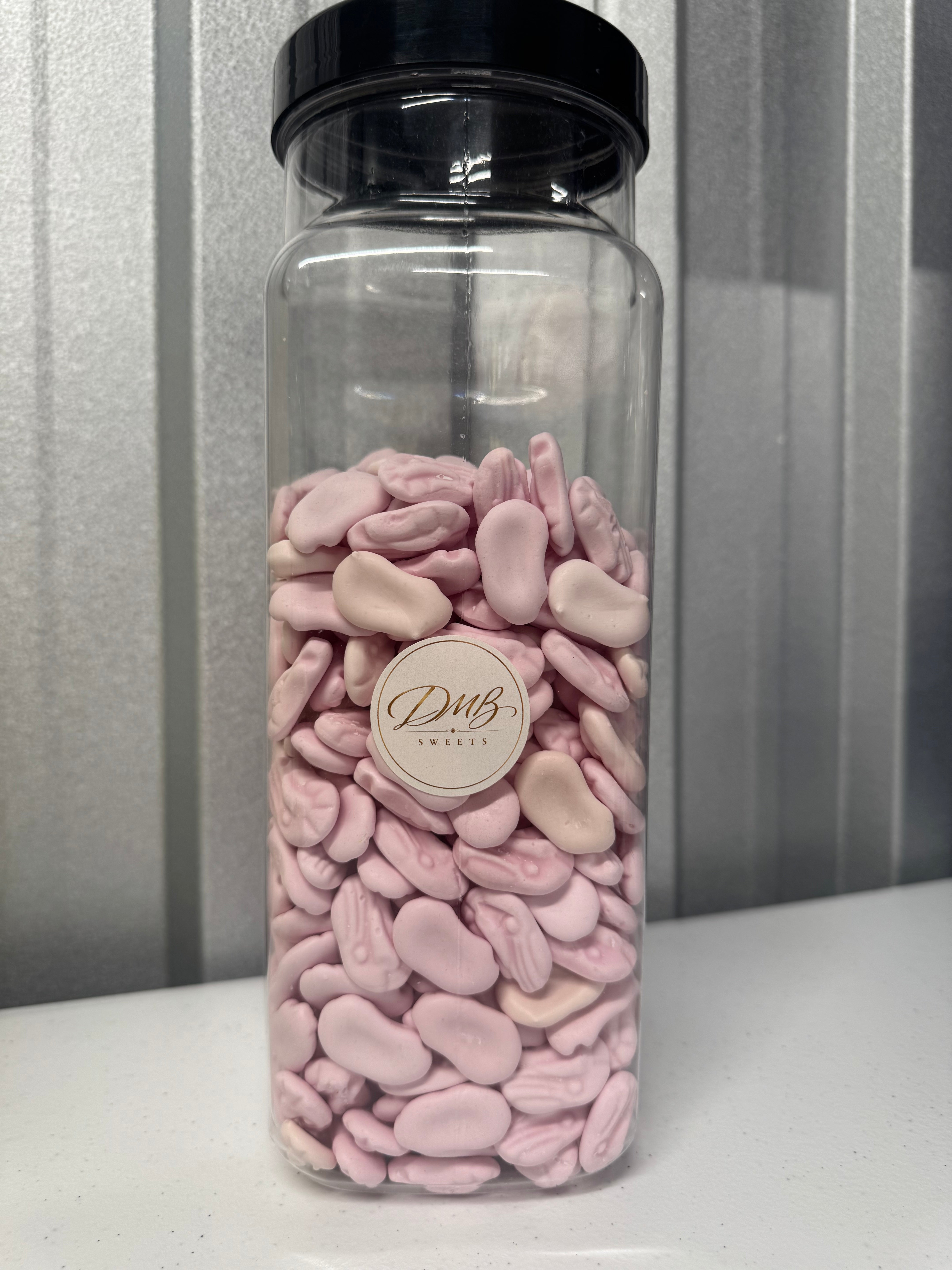 Foam Shrimps pink sweets in a DMB Sweets jar