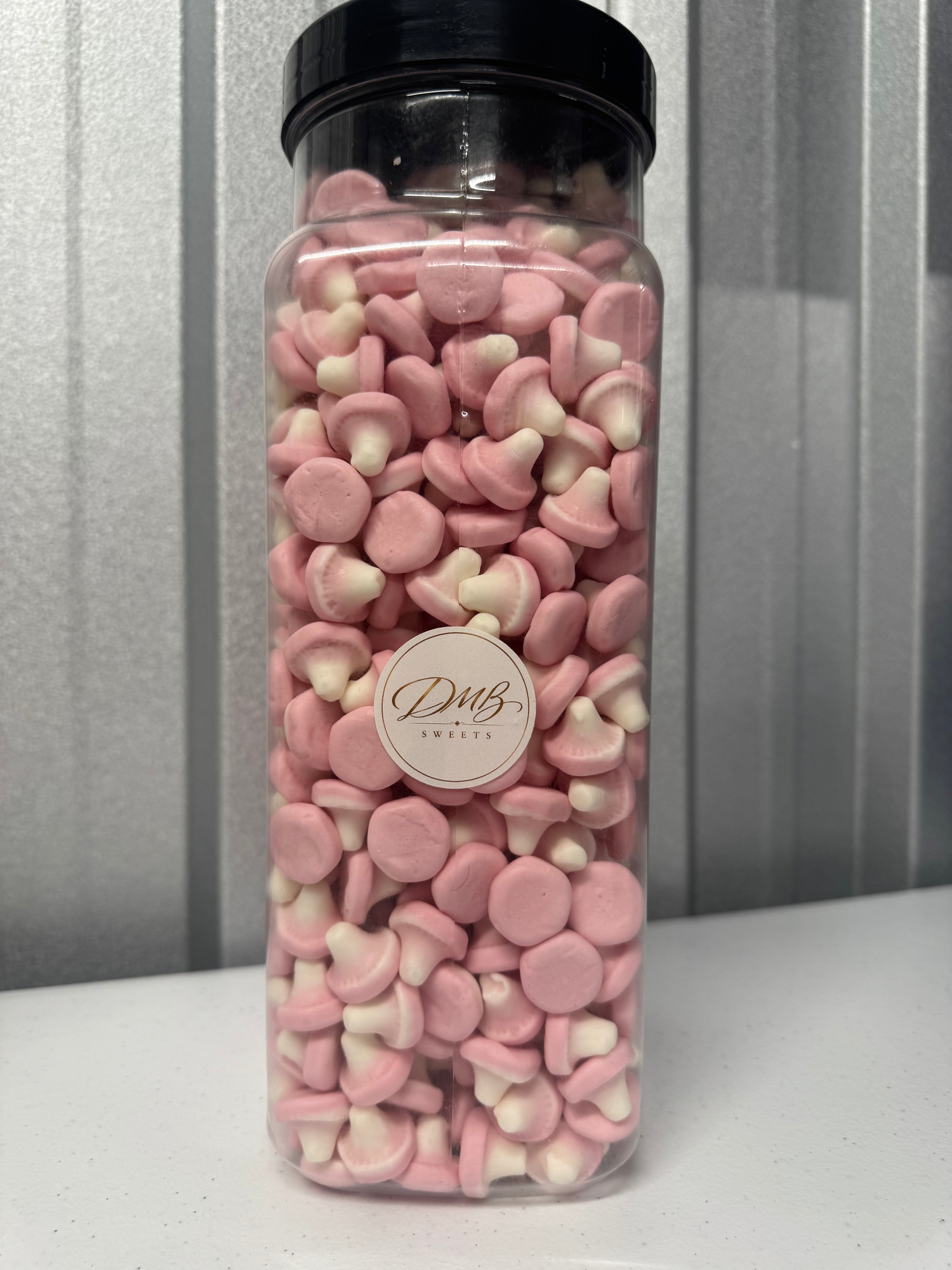 Foam Mushrooms pink and white sweets in a DMB Sweets jar
