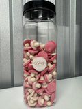 Giant Mushrooms pink and white foam sweets in a DMB Sweets jar
