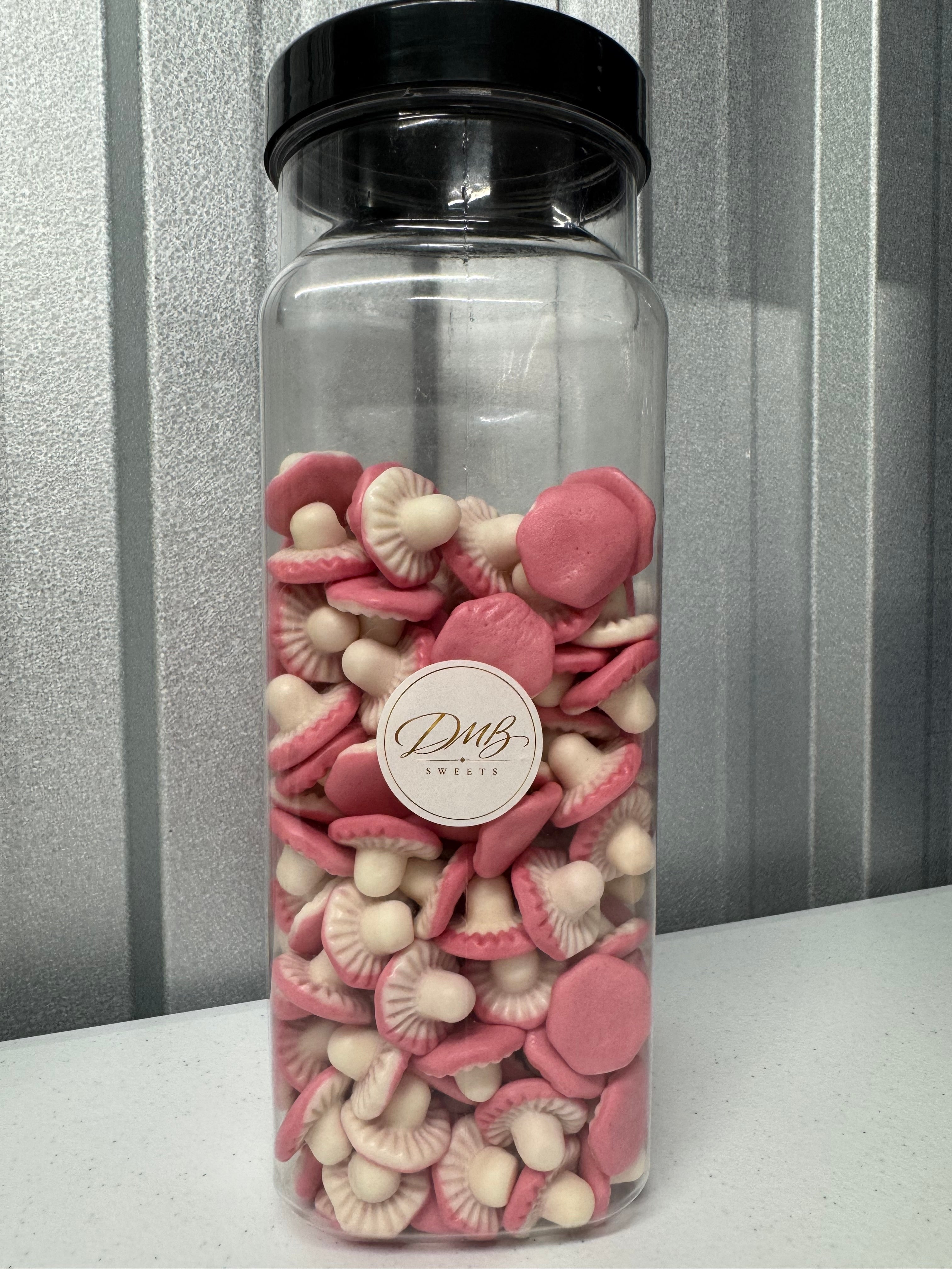 Giant Mushrooms pink and white foam sweets in a DMB Sweets jar