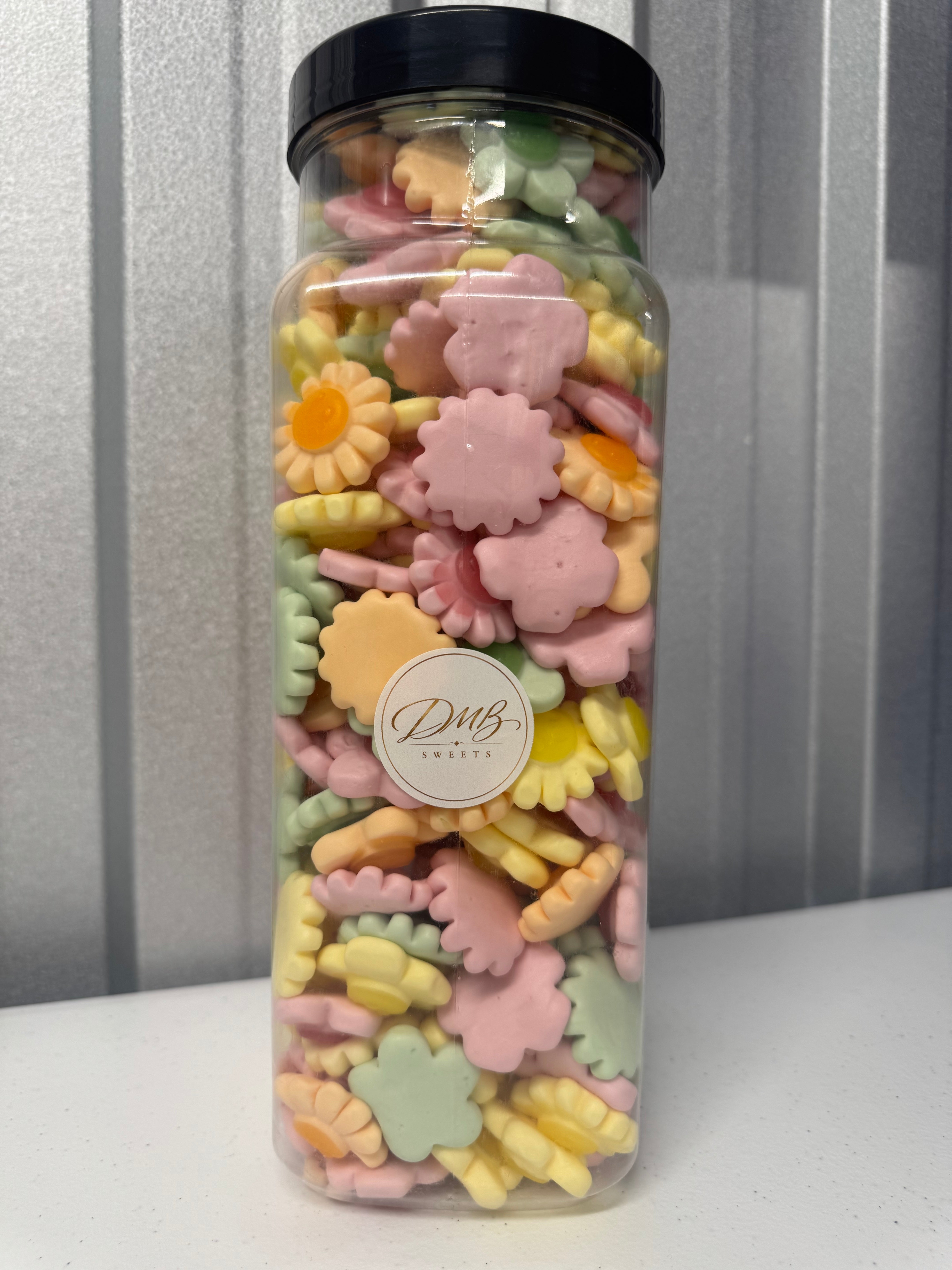 Happy Flowers pastel foam sweets in a DMB Sweets jar
