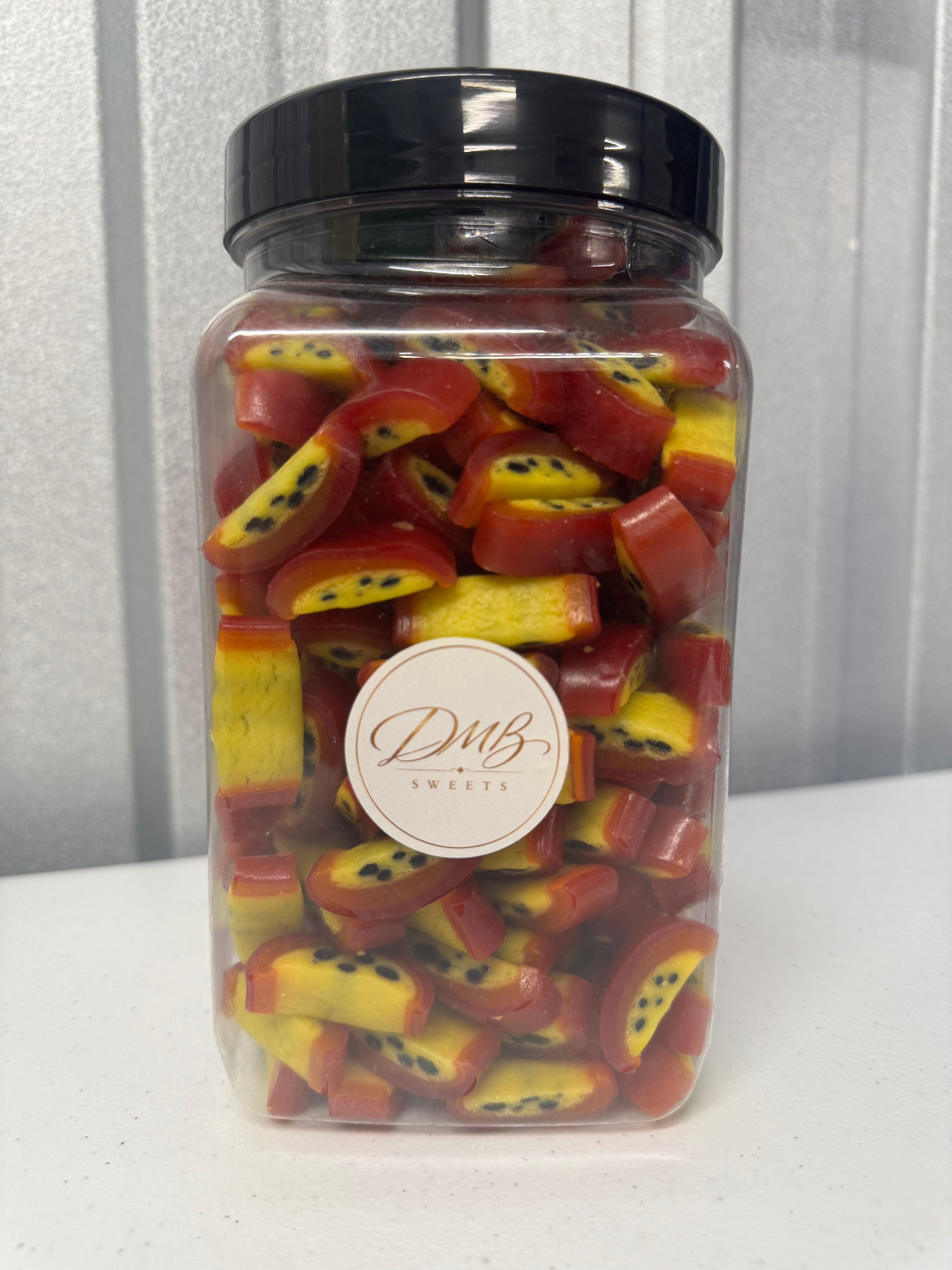 Liquorice Passionfruit sweets in a DMB Sweets jar