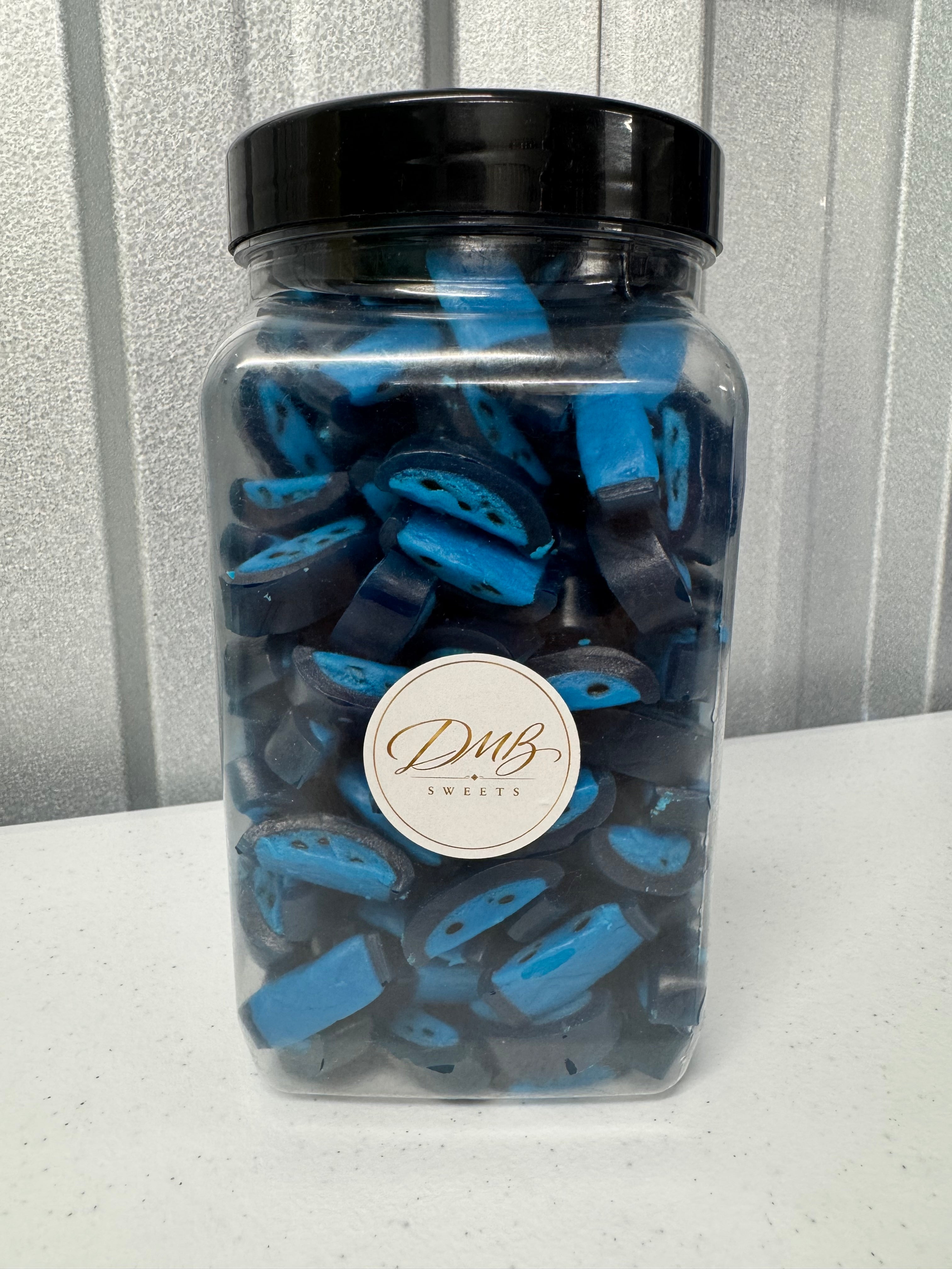 Blue Raspberry Liquorice Peelable sweets in a DMB Sweets jar