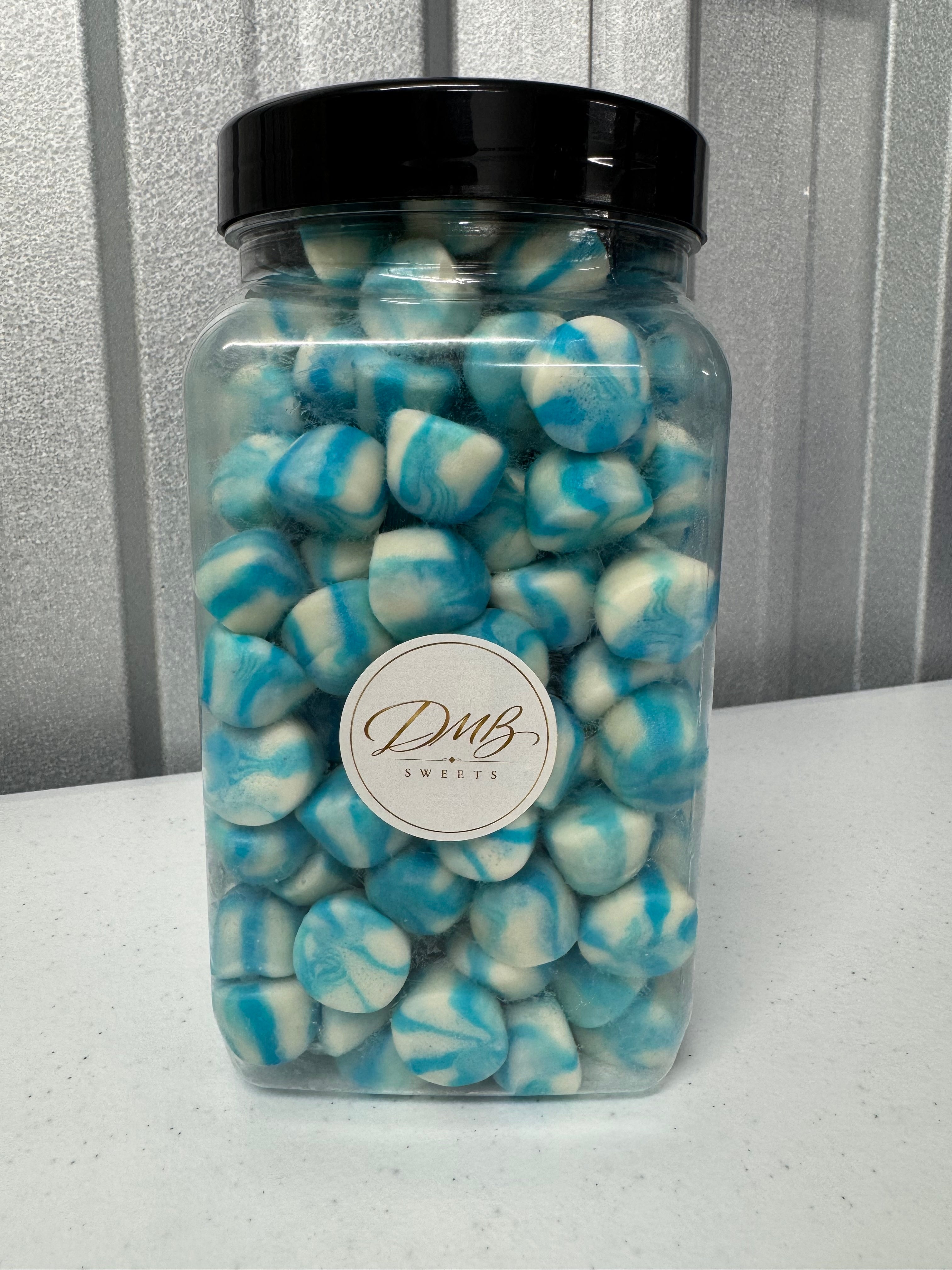 Blue Raspberry Twist Kisses blue and white swirled sweets in a DMB Sweets jar
