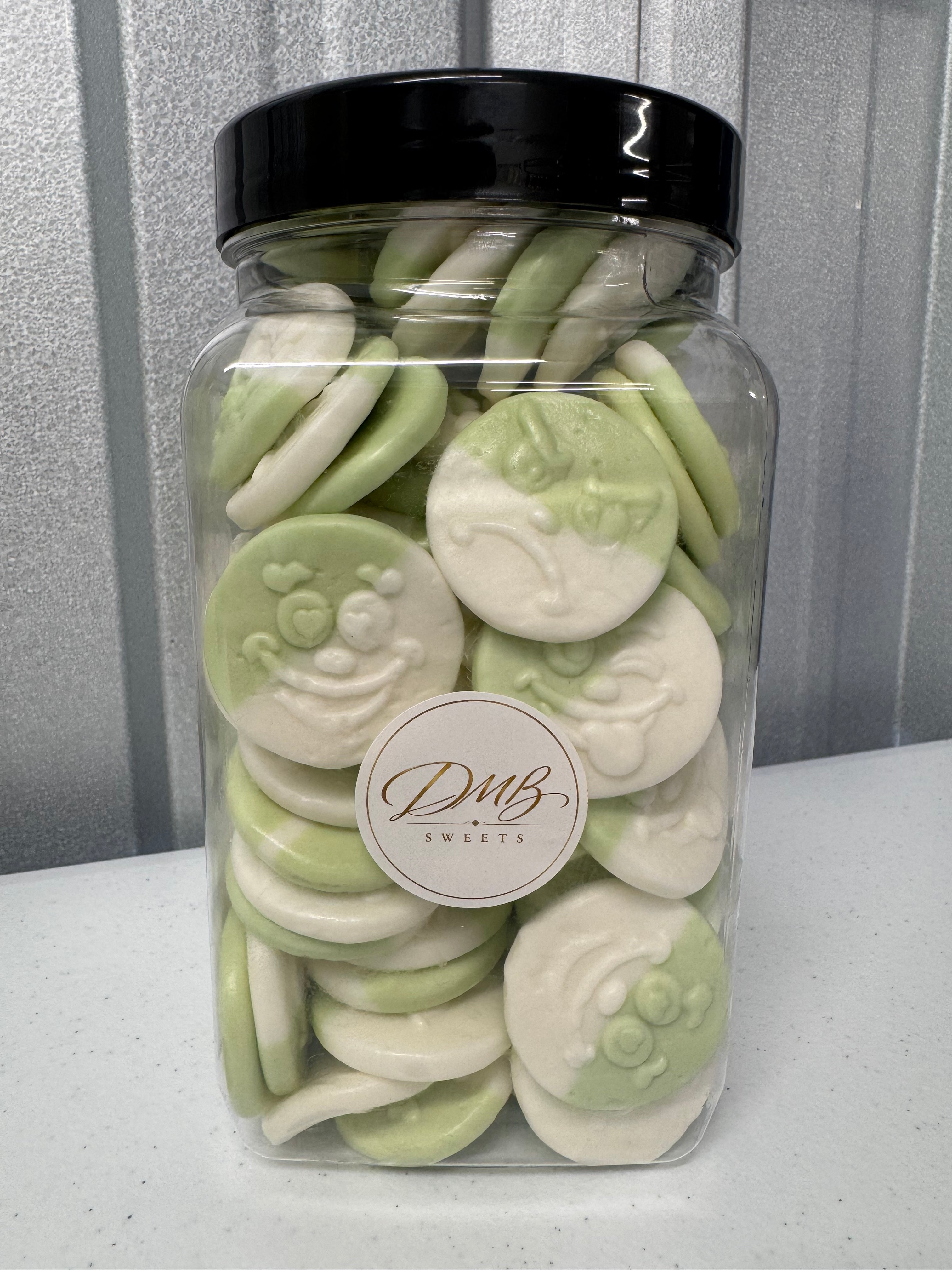 Foam Apple Smileys green and white foam sweets in a DMB Sweets jar
