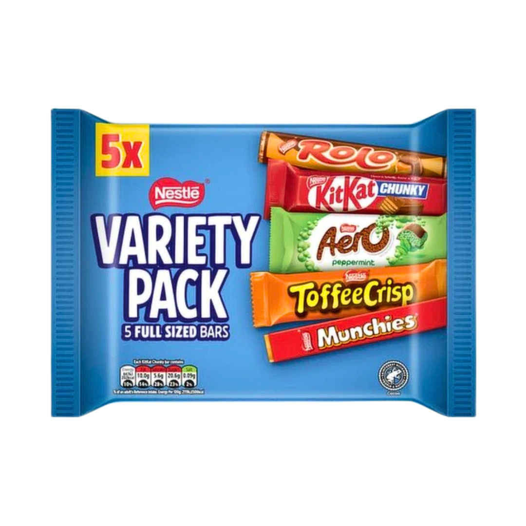 Nestlé Milk Chocolate Variety Pack containing 5 full sized bars: Rolo, KitKat Chunky, Aero Peppermint, Toffee Crisp and Munchies