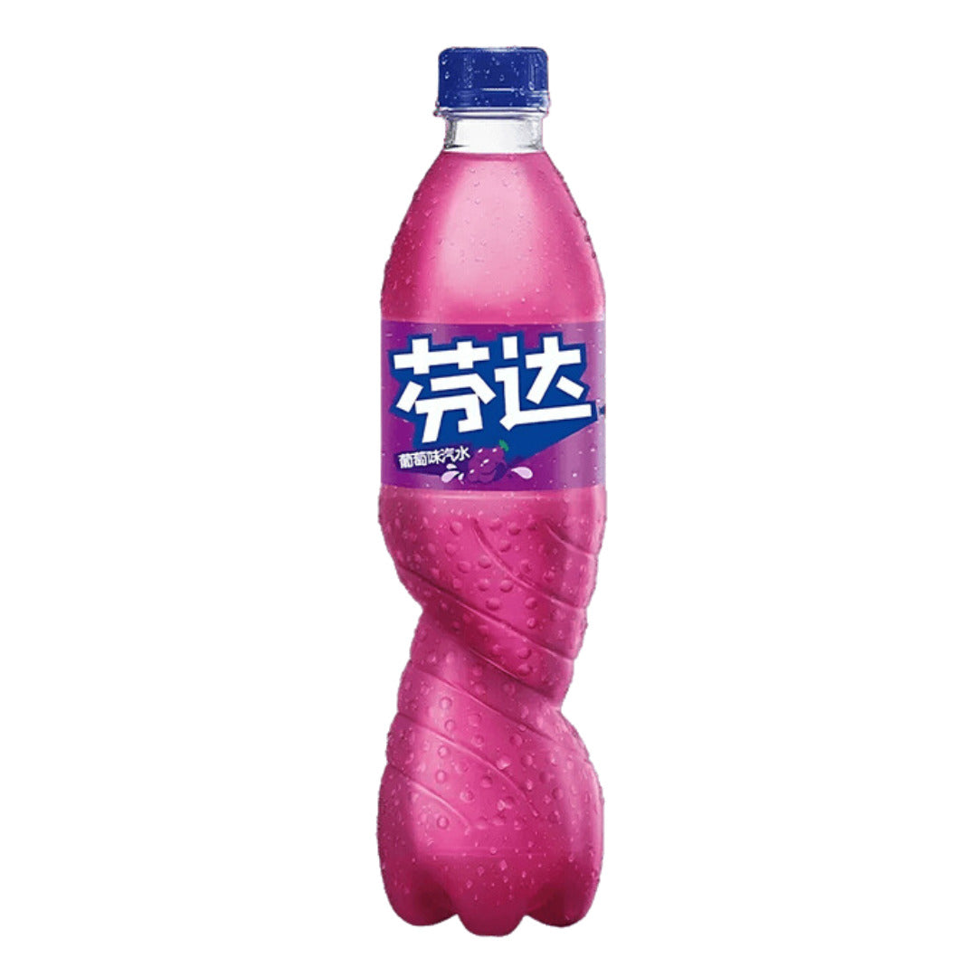 Fanta Grape Flavour Sparkling Drink China Import 500ml in a distinctive twisted pink bottle with blue cap