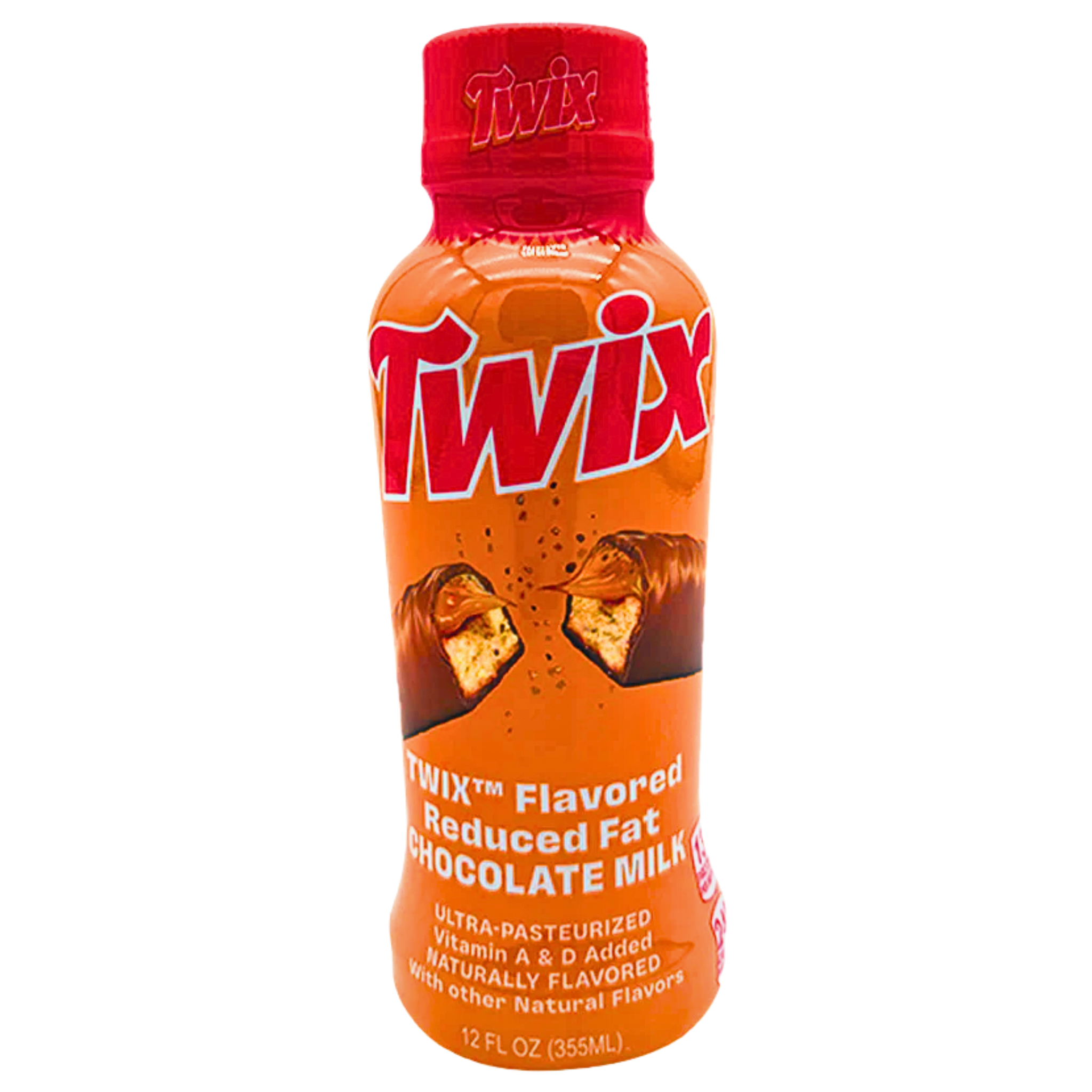 Twix Flavoured Reduced Fat Chocolate Milk Bottle USA 355ml in orange bottle with red lid
