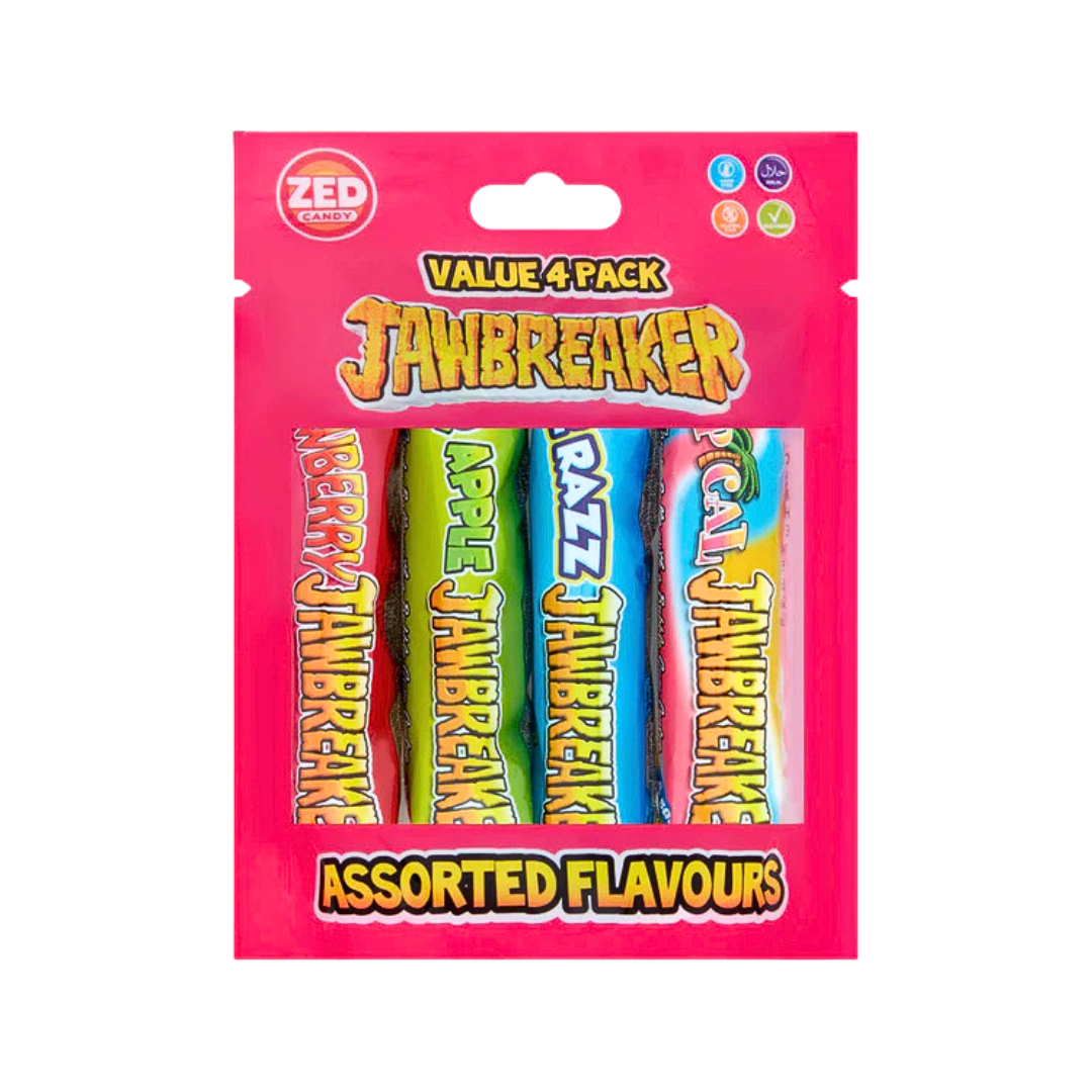 Zed Candy Jawbreaker Assorted Flavours Value 4 Pack in a pink resealable bag - includes Strawberry, Apple, Razz and Tropical flavours