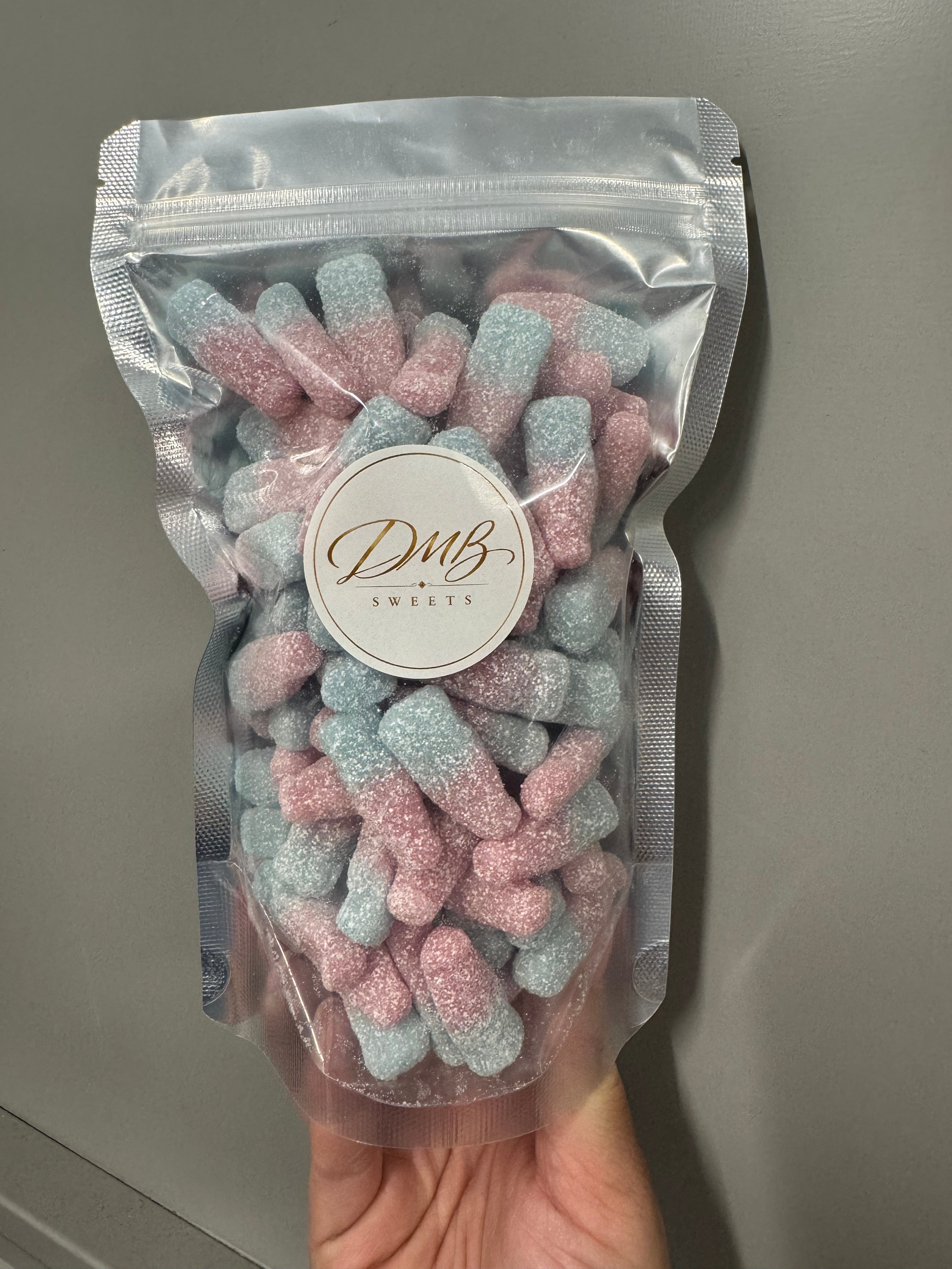 Bubblegum Bottles 300g in a DMB Sweets resealable bag