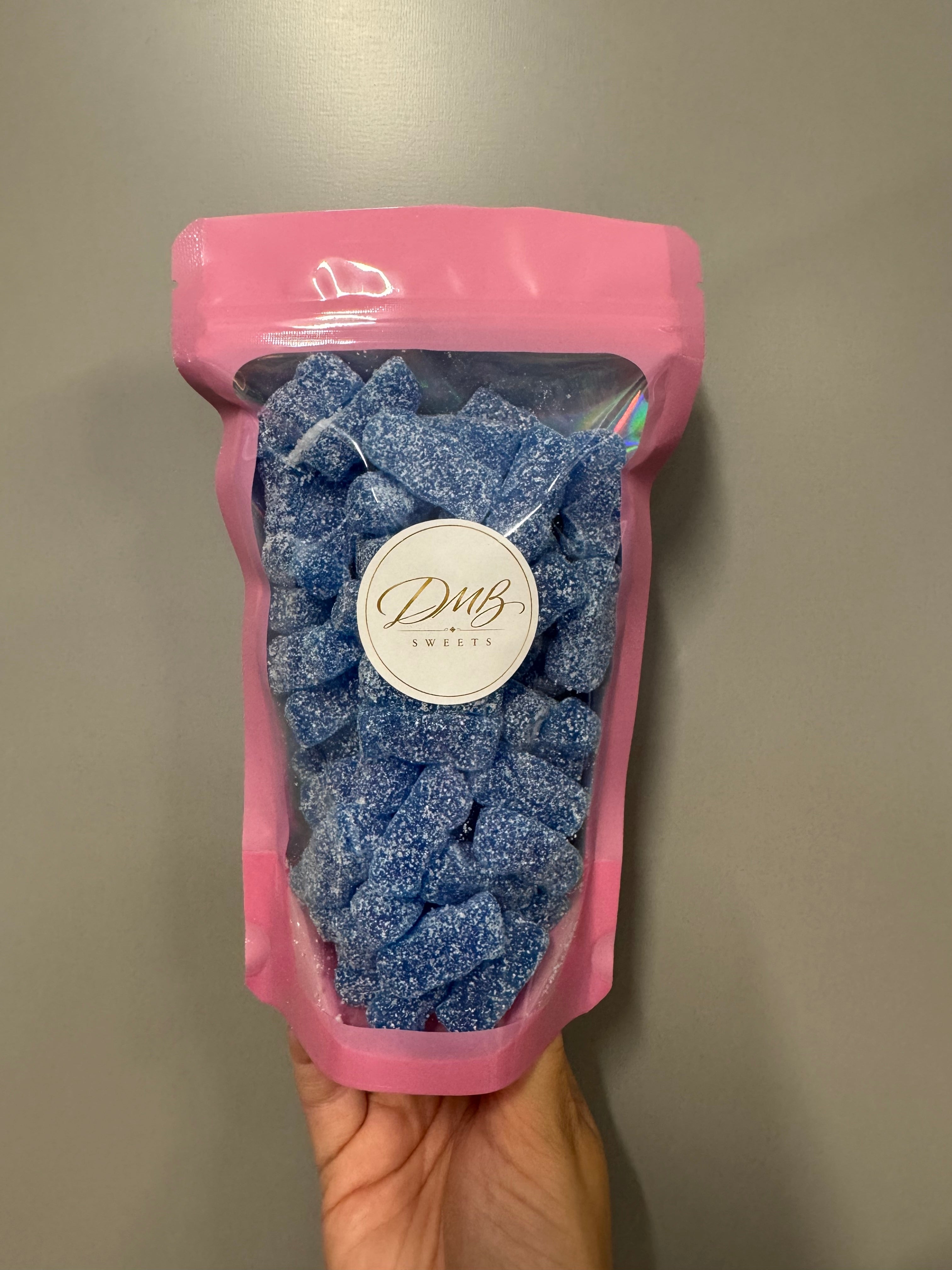 DMB Sweets Fizzy Blue Jelly Babies 300g in a pink resealable pouch with clear window