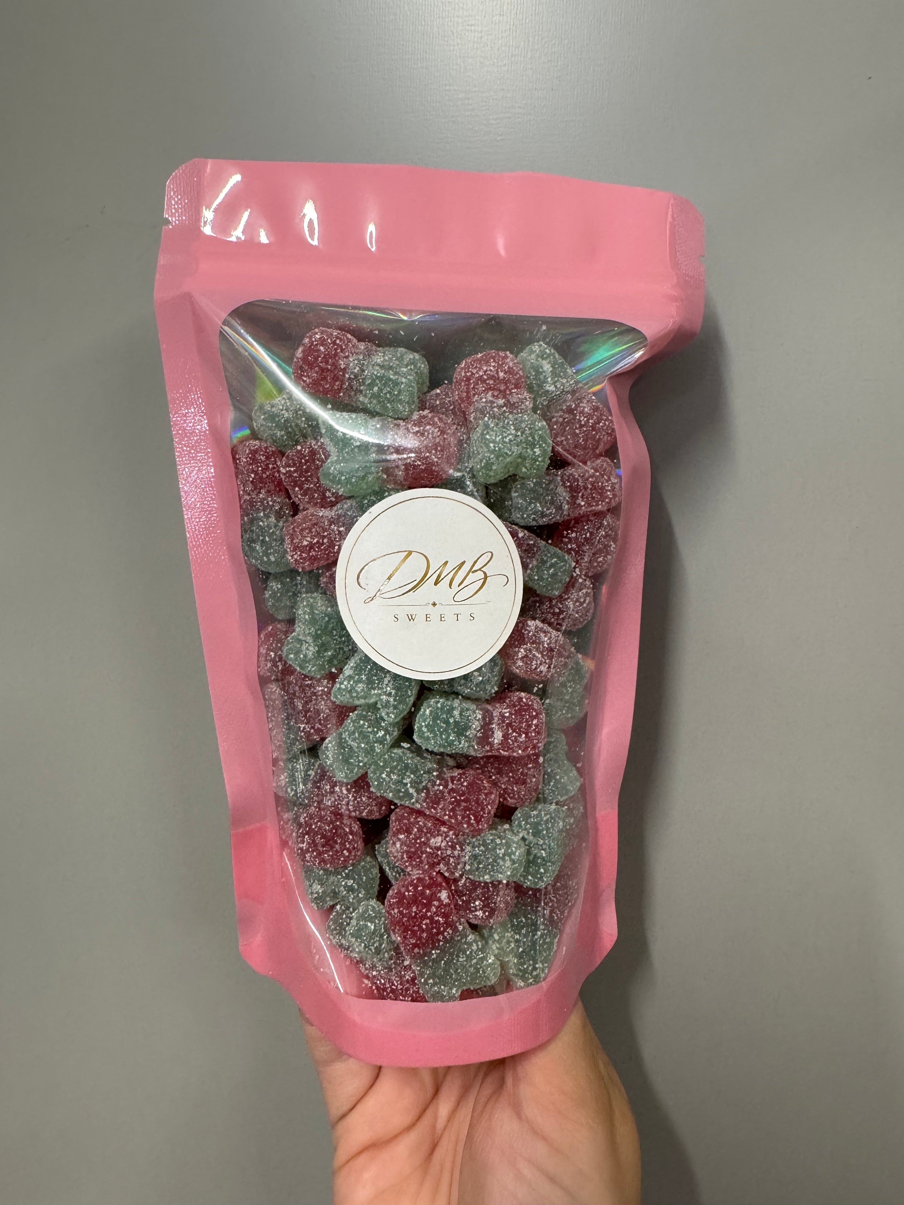 Fizzy Cherries 300g in a DMB Sweets pink pouch