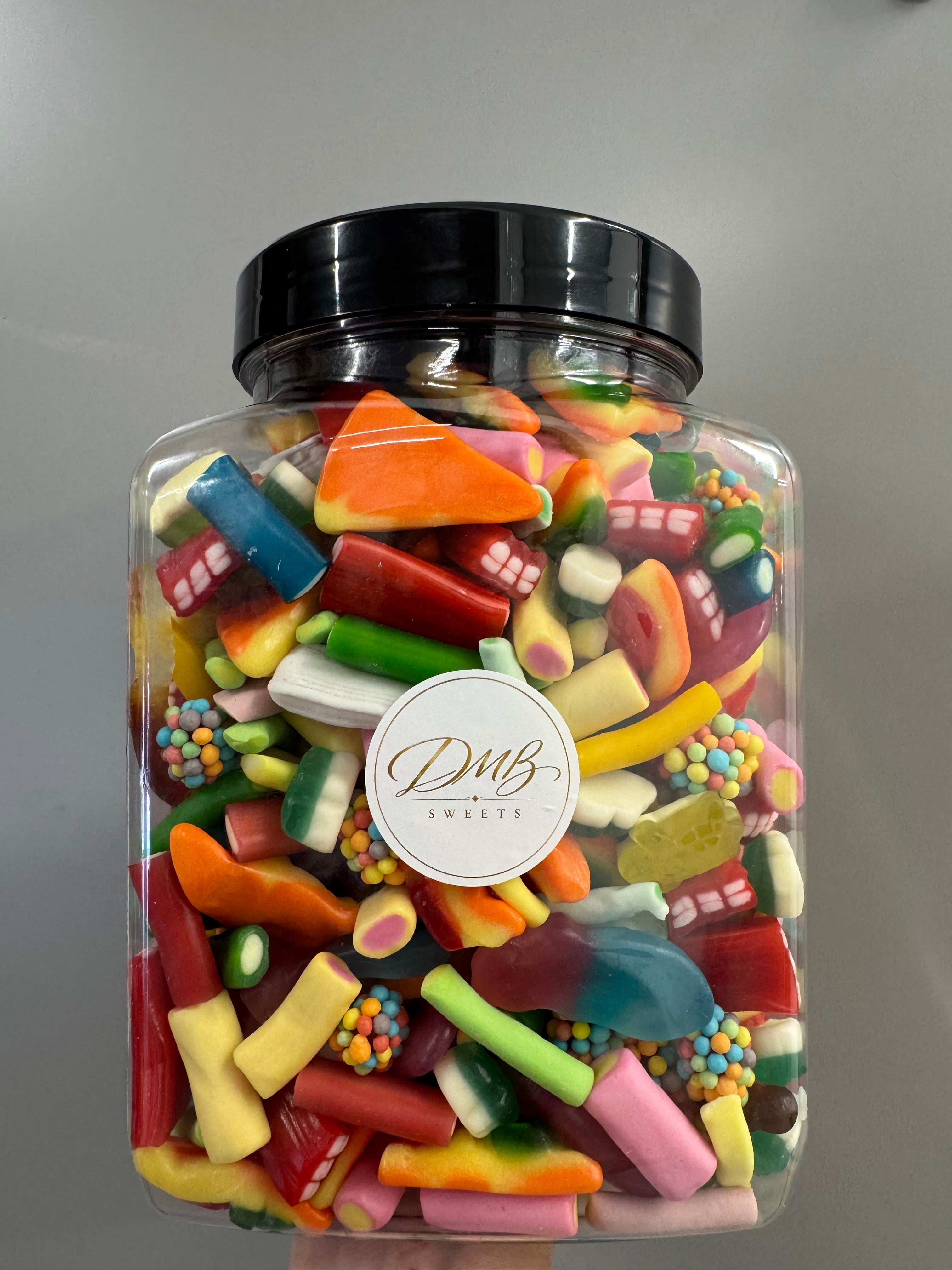 DMB Sweets Pick N Mix Gummy Jar filled with a colourful assortment of gummy sweets with black lid