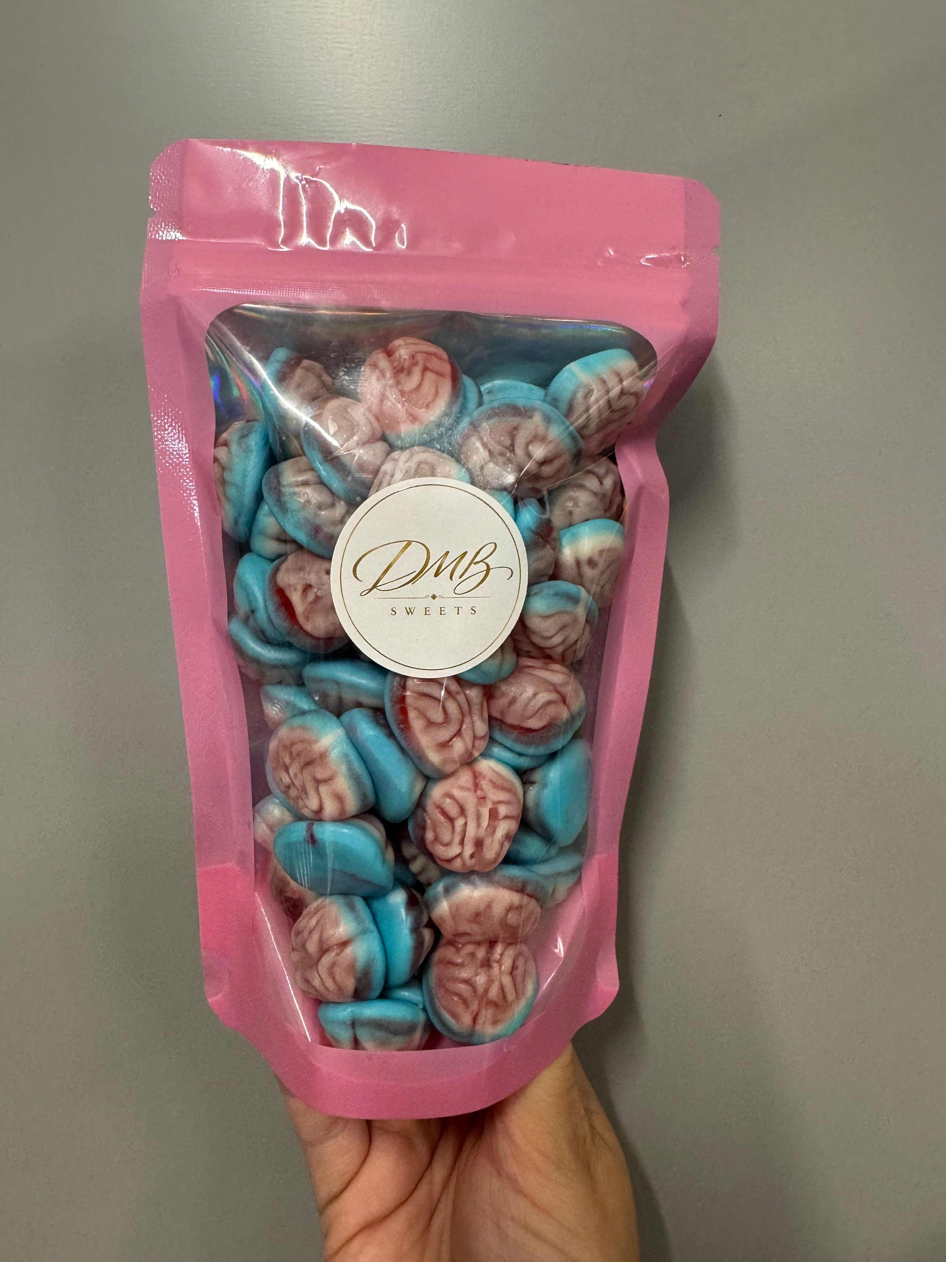 Jelly Filled Brains 300g in a DMB Sweets pink pouch