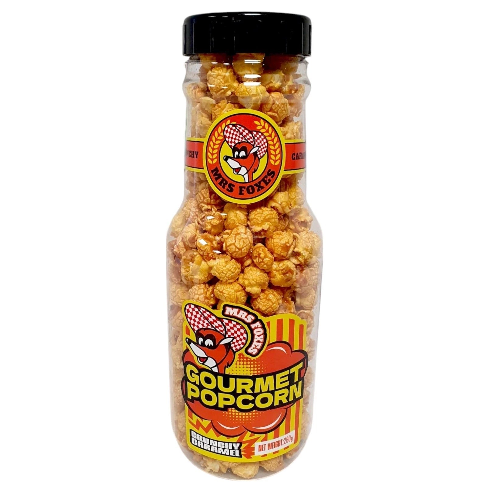 Mrs Foxes Gourmet Crunchy Caramel Popcorn 260g in a clear reusable bottle jar with black lid